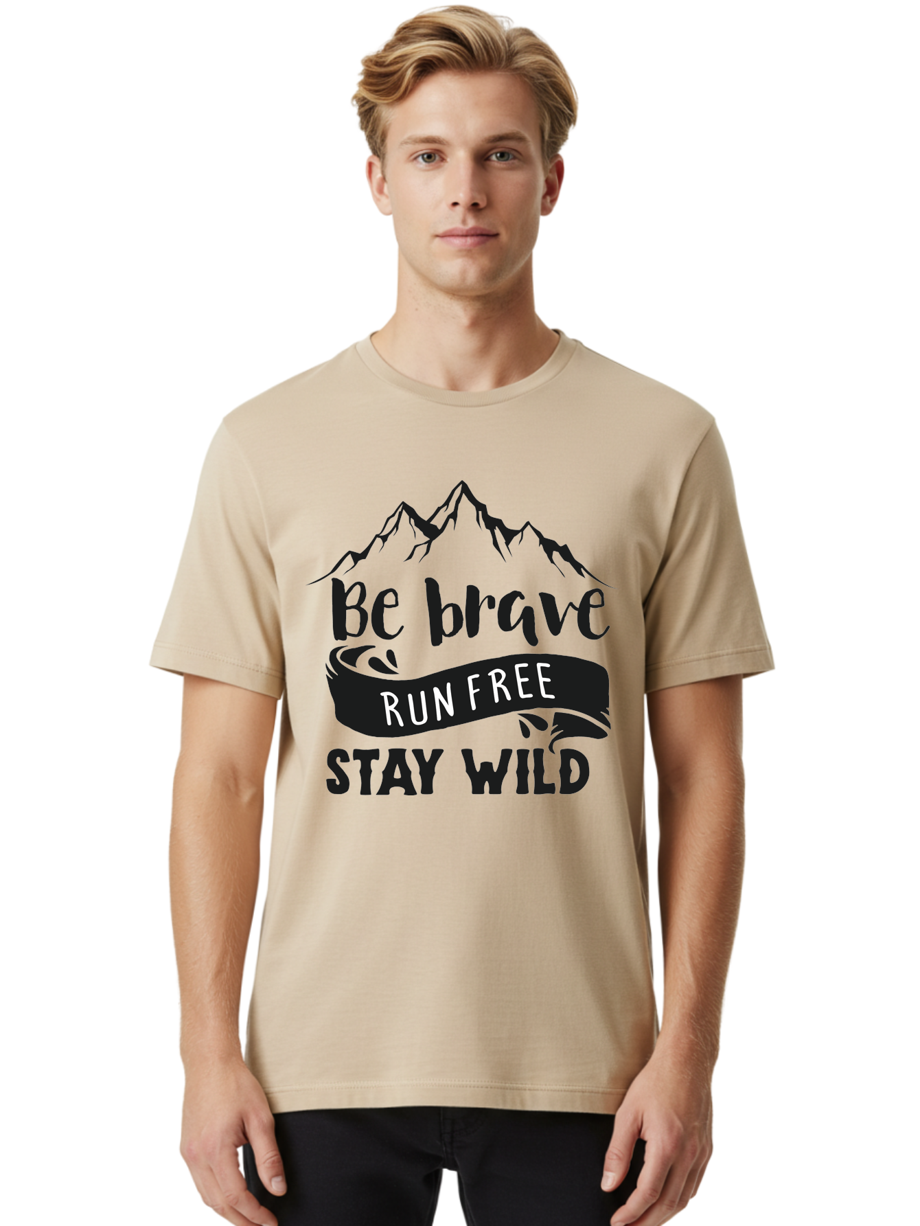 Be-Brave-Run-Free-Stay-Wild Men'S Graphic Tee, 100% Cotton, Comfortable Casual Summer Wear, Machine Washable, Inspirational Quote, Motivational Words, Bold Typography, Mountain Landscape, Running Free, Staying Wild, Brave Spirit, Freedom, Aac494