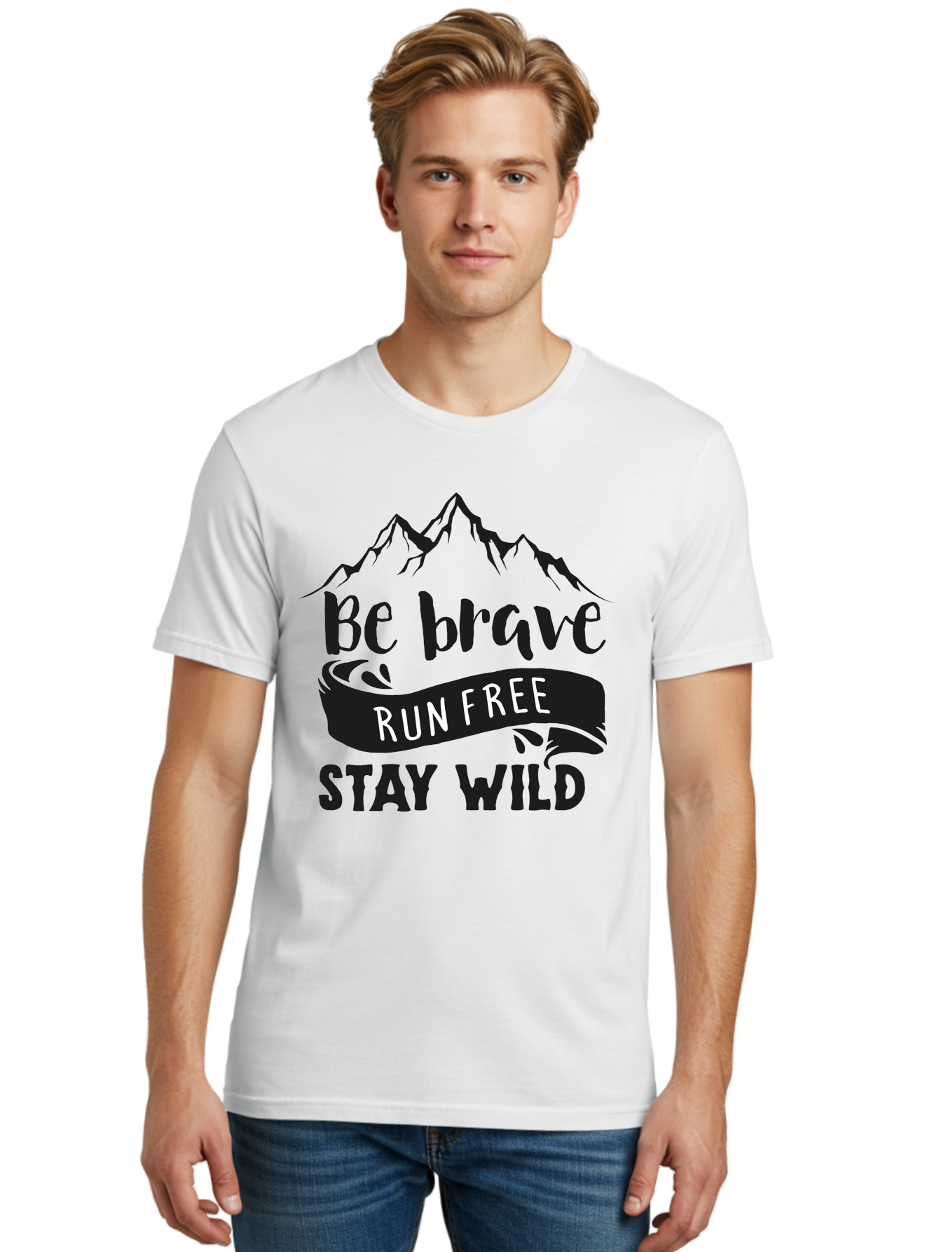 Be-Brave-Run-Free-Stay-Wild Men'S Graphic Tee, 100% Cotton, Comfortable Casual Summer Wear, Machine Washable, Inspirational Quote, Motivational Words, Bold Typography, Mountain Landscape, Running Free, Staying Wild, Brave Spirit, Freedom, Aac494