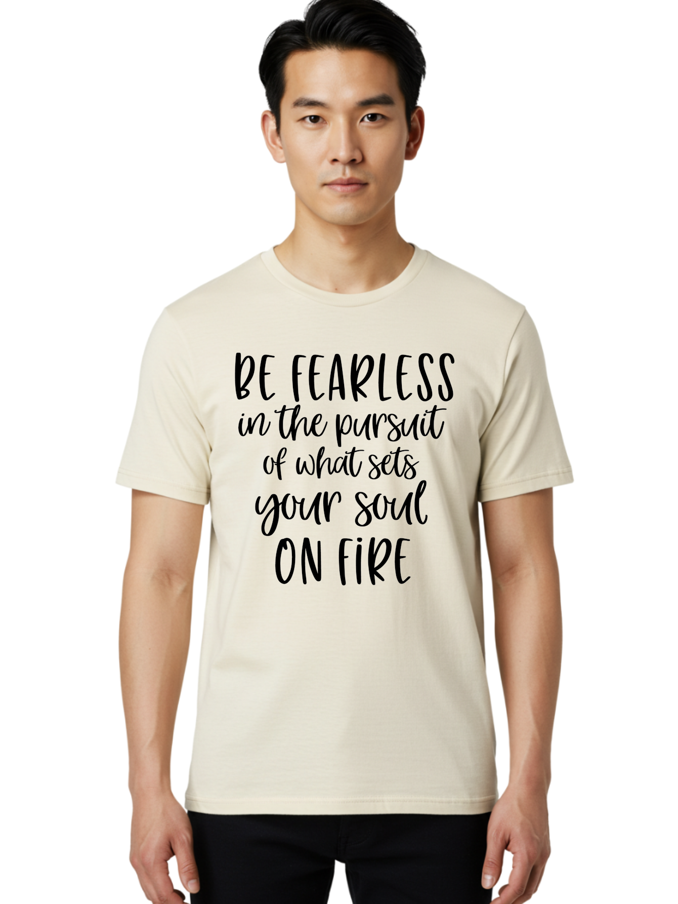 Be-Fearless Men'S Graphic Tee, 100% Cotton, Comfortable Casual Summer Wear, Machine Washable, Motivational Quote, Inspiring Words, Fearless Pursuit, Soulful Journey, Inner Fire, Motivational Poster, Positivity, Encouragement, Success Mindset, Aac495