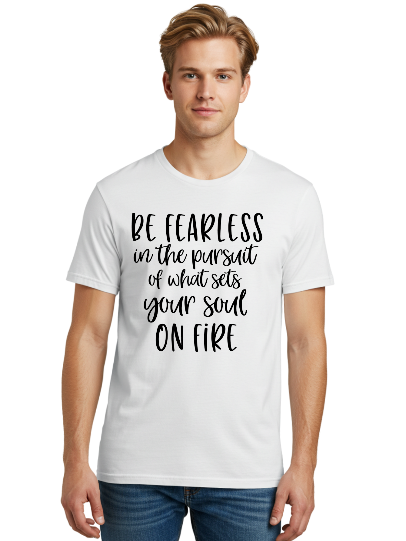 Be-Fearless Men'S Graphic Tee, 100% Cotton, Comfortable Casual Summer Wear, Machine Washable, Motivational Quote, Inspiring Words, Fearless Pursuit, Soulful Journey, Inner Fire, Motivational Poster, Positivity, Encouragement, Success Mindset, Aac495
