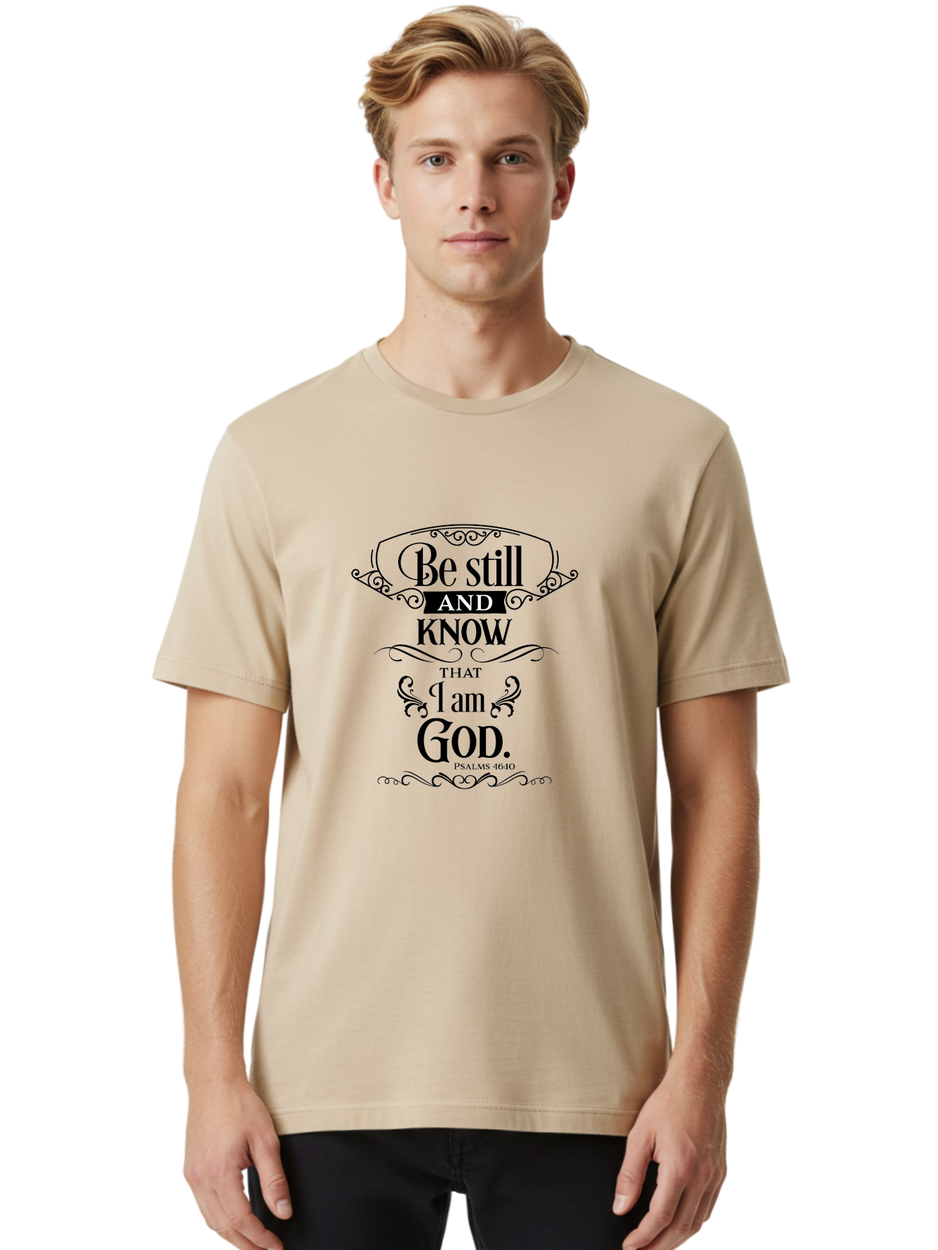 Be-Still-And-Know-That-I-Am-God Men'S Graphic Tee, 100% Cotton, Comfortable Casual Summer Wear, Machine Washable, Inspirational Quote, Bible Verse, Psalms 46:10, Motivational Words, Faith-Based Art, Spiritual Message, Stillness, Aac500