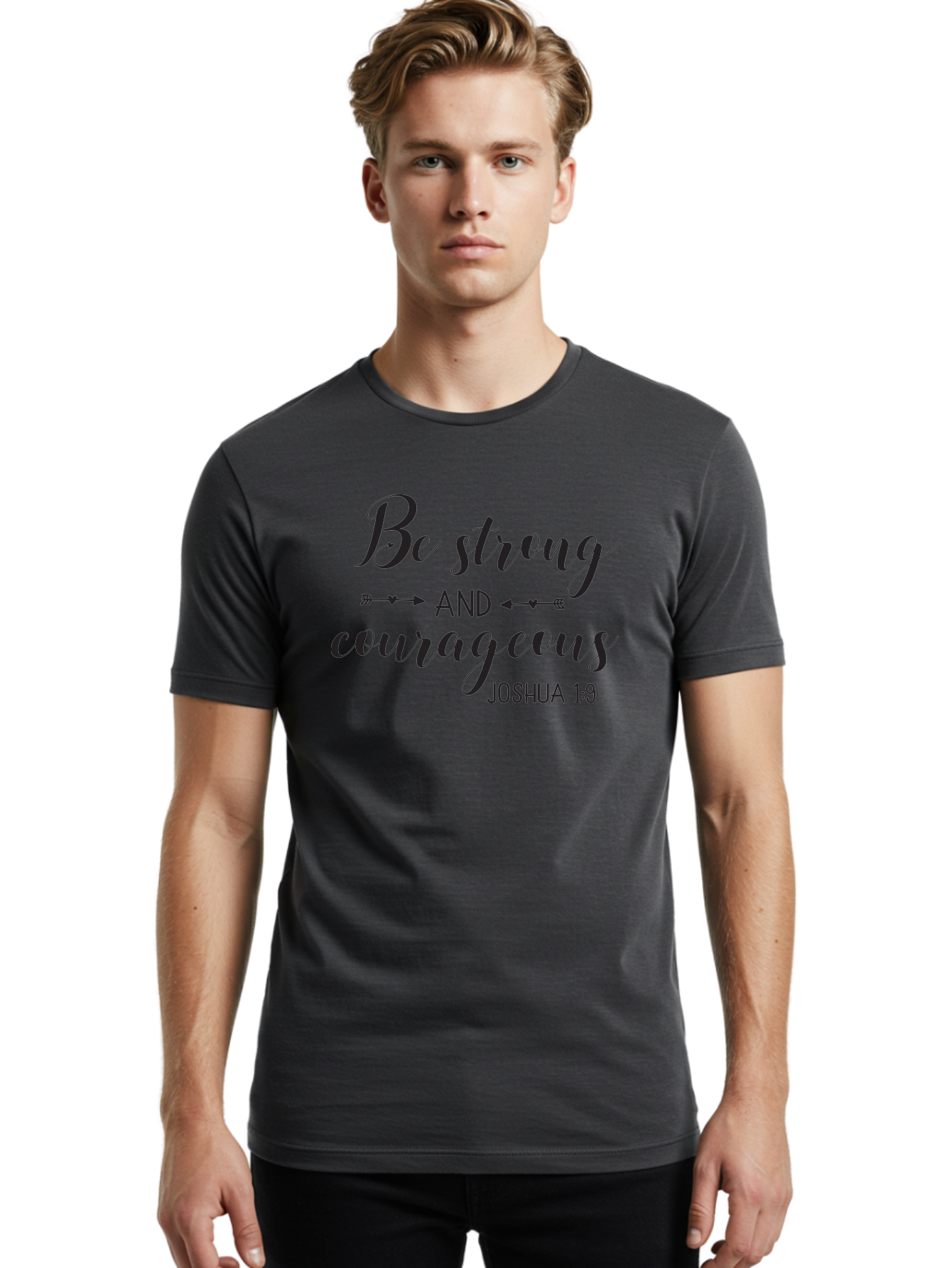 Be-Strong-And-Courageous Men'S Graphic Tee, 100% Cotton, Comfortable Casual Summer Wear, Machine Washable, Inspirational Quote, Motivational Words, Biblical Phrase, Joshua 1:9, Be Strong, Be Courageous, Arrow Symbols, Scripture Art, Aac501