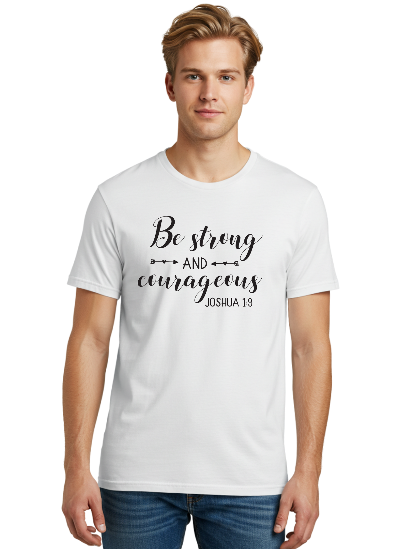 Be-Strong-And-Courageous Men'S Graphic Tee, 100% Cotton, Comfortable Casual Summer Wear, Machine Washable, Inspirational Quote, Motivational Words, Biblical Phrase, Joshua 1:9, Be Strong, Be Courageous, Arrow Symbols, Scripture Art, Aac501