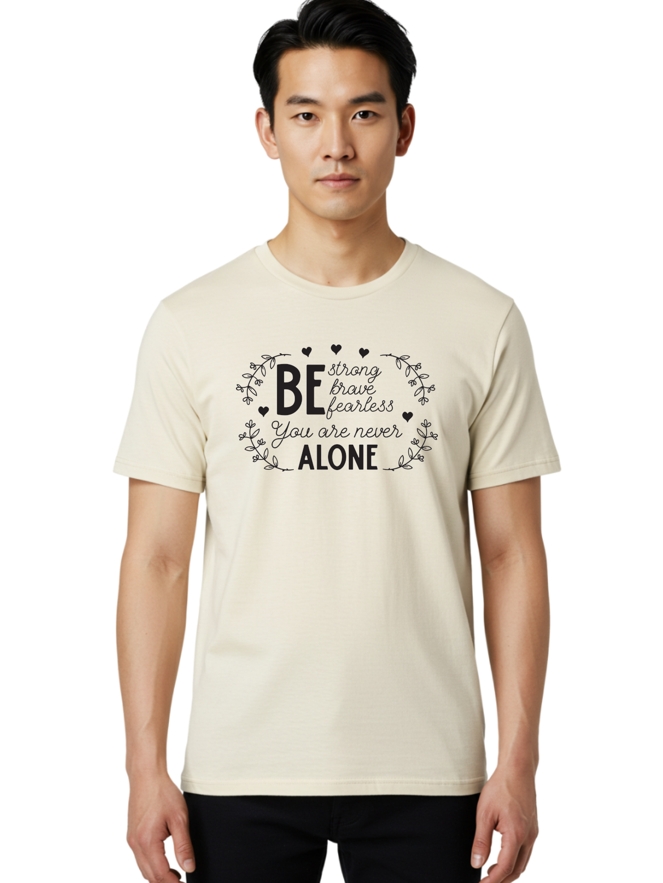 Be-Strong-Brave-Fearless-You-Are-Never-Alone Men'S Graphic Tee, 100% Cotton, Comfortable Casual Summer Wear, Machine Washable, Motivational Quote, Inspirational Message, Empowerment, Mental Health Awareness, Positivity, Uplifting Words, Aac502