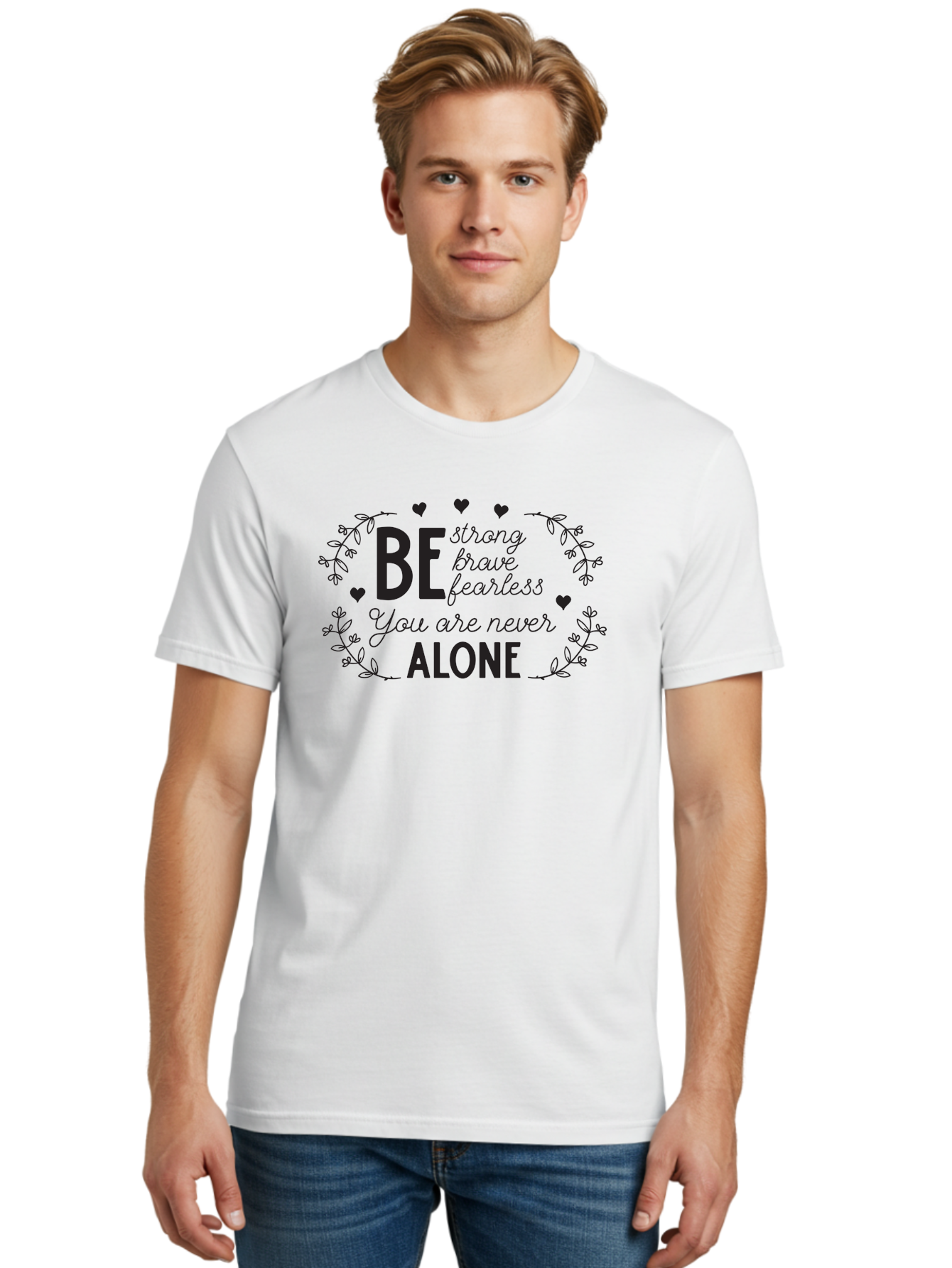 Be-Strong-Brave-Fearless-You-Are-Never-Alone Men'S Graphic Tee, 100% Cotton, Comfortable Casual Summer Wear, Machine Washable, Motivational Quote, Inspirational Message, Empowerment, Mental Health Awareness, Positivity, Uplifting Words, Aac502