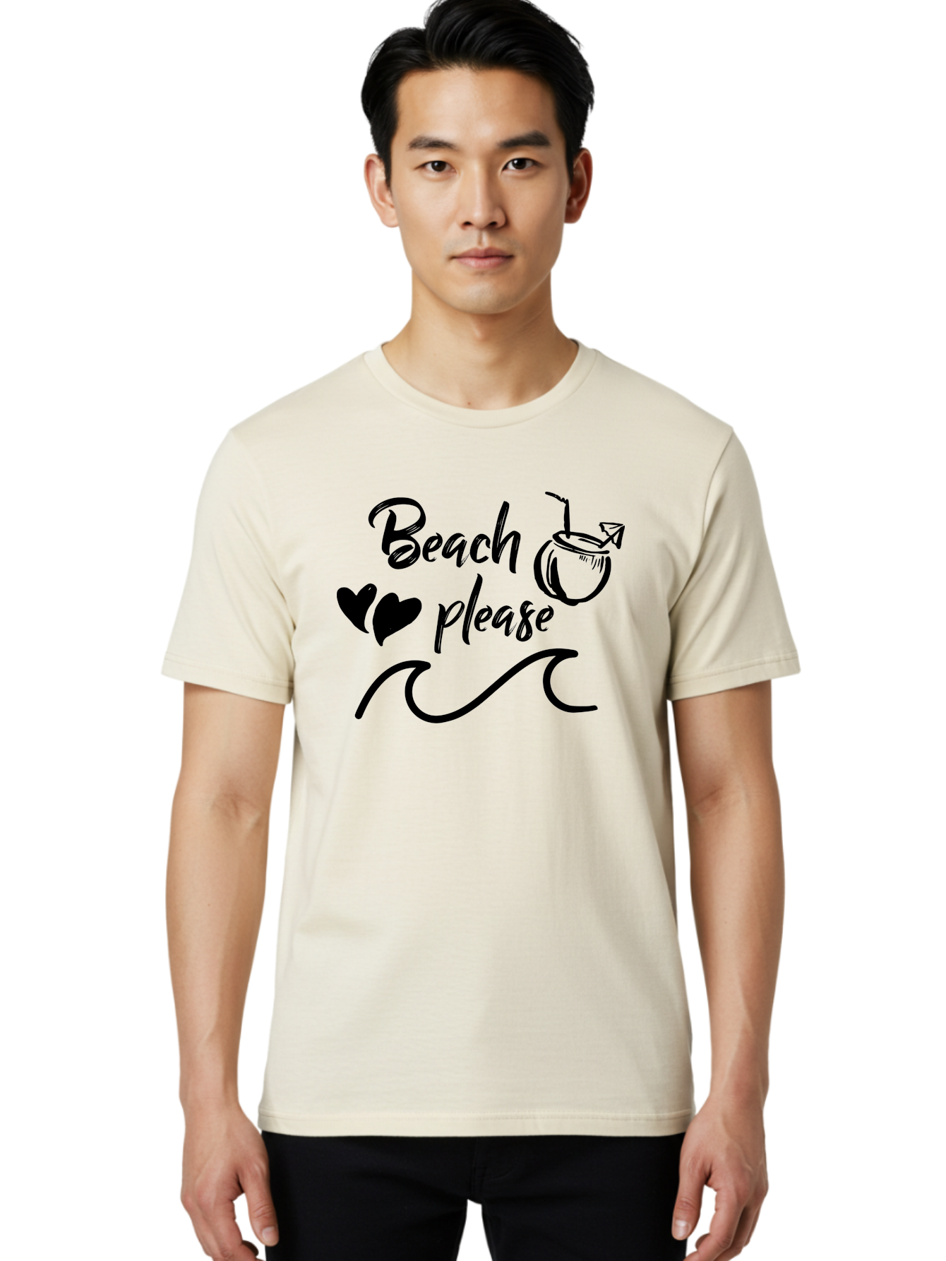 Beach-Please Men'S Graphic Tee, 100% Cotton, Comfortable Casual Summer Wear, Machine Washable, Beach Vibes, Summer Getaway, Tropical Paradise, Coconut Drink, Ocean Waves, Wavy Line Art, Black Hearts, Beachy Feel, Vacation Mode Aac503