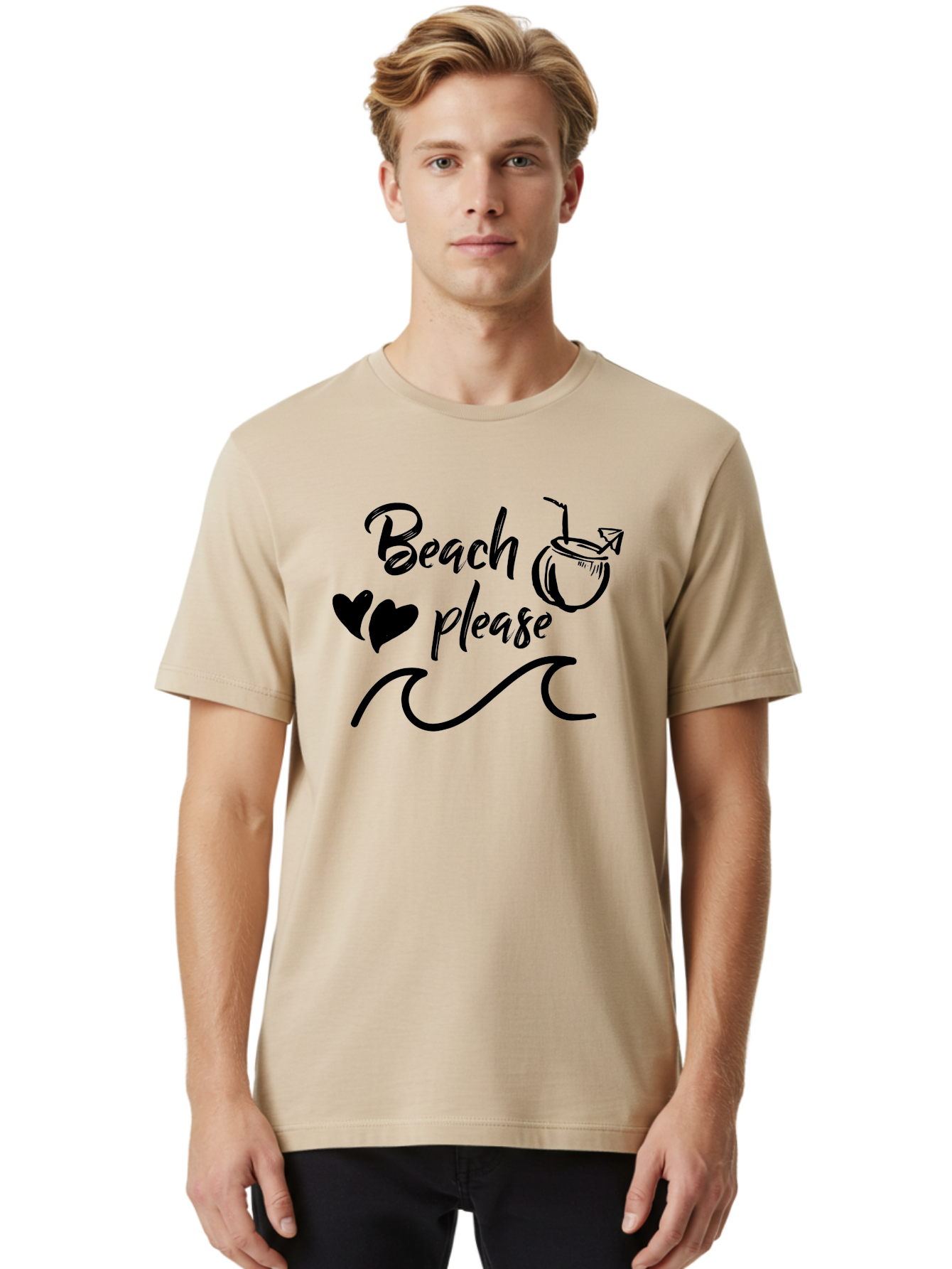 Beach-Please Men'S Graphic Tee, 100% Cotton, Comfortable Casual Summer Wear, Machine Washable, Beach Vibes, Summer Getaway, Tropical Paradise, Coconut Drink, Ocean Waves, Wavy Line Art, Black Hearts, Beachy Feel, Vacation Mode Aac503