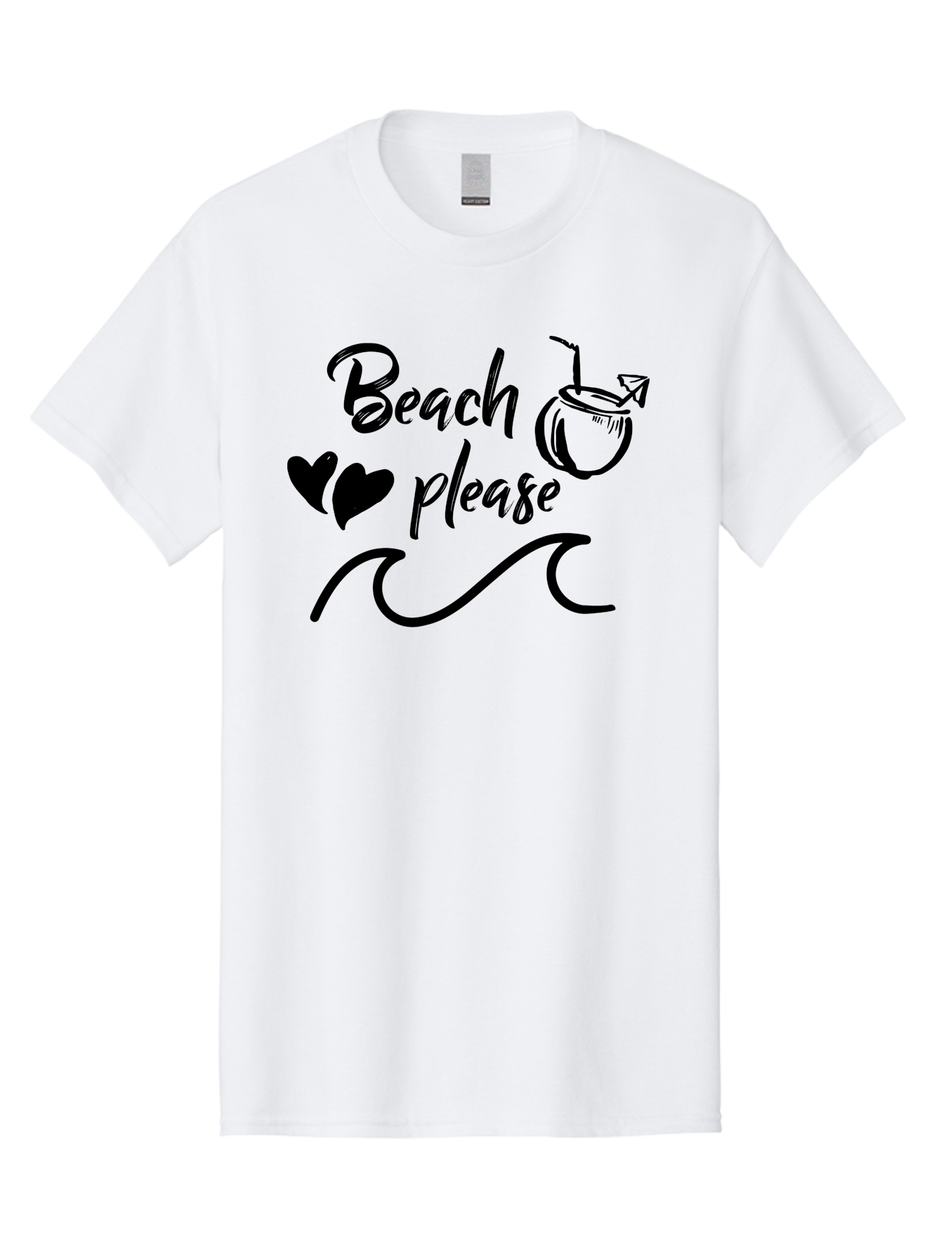 Beach-Please Men'S Graphic Tee, 100% Cotton, Comfortable Casual Summer Wear, Machine Washable, Beach Vibes, Summer Getaway, Tropical Paradise, Coconut Drink, Ocean Waves, Wavy Line Art, Black Hearts, Beachy Feel, Vacation Mode Aac503