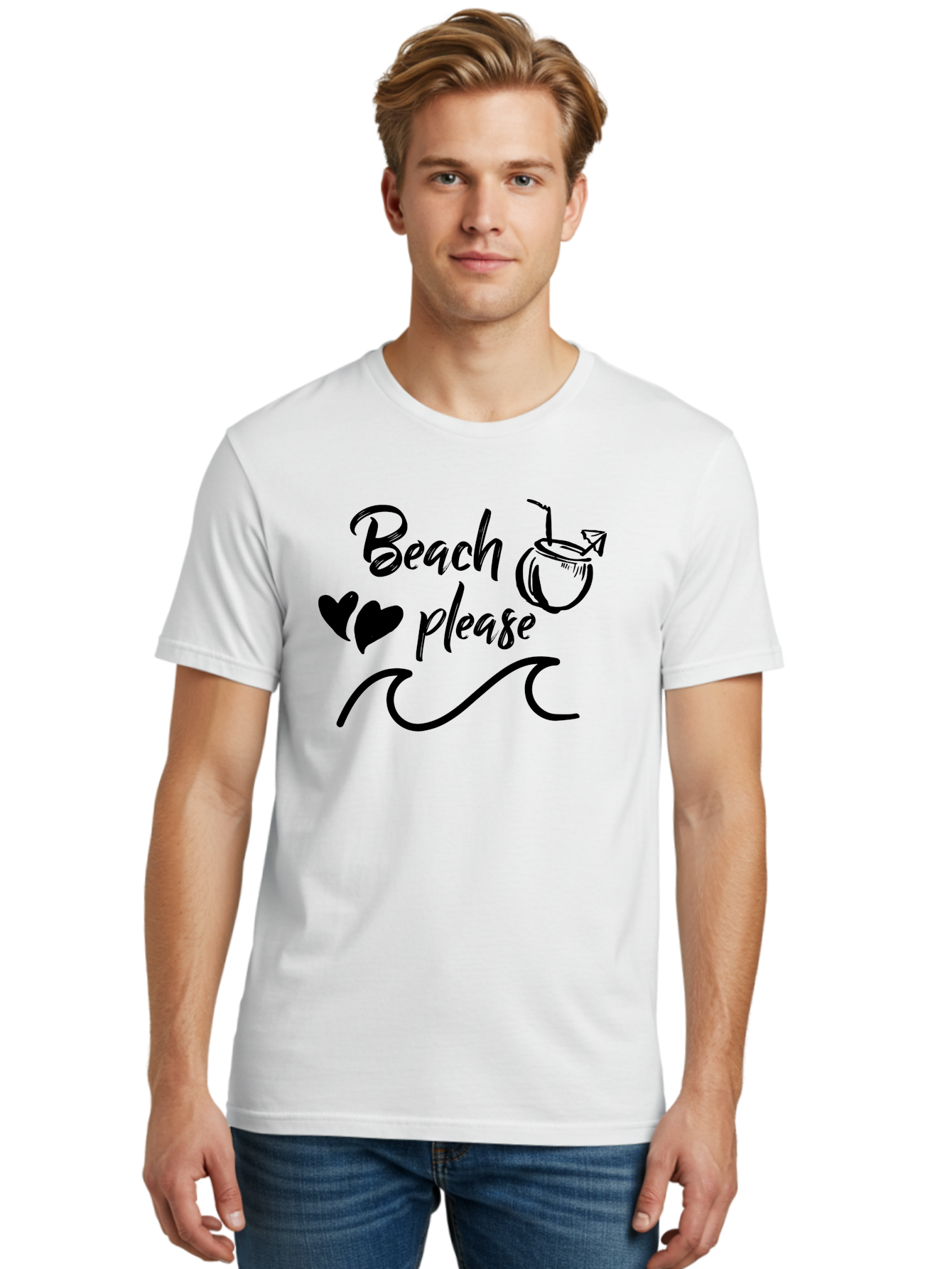 Beach-Please Men'S Graphic Tee, 100% Cotton, Comfortable Casual Summer Wear, Machine Washable, Beach Vibes, Summer Getaway, Tropical Paradise, Coconut Drink, Ocean Waves, Wavy Line Art, Black Hearts, Beachy Feel, Vacation Mode Aac503