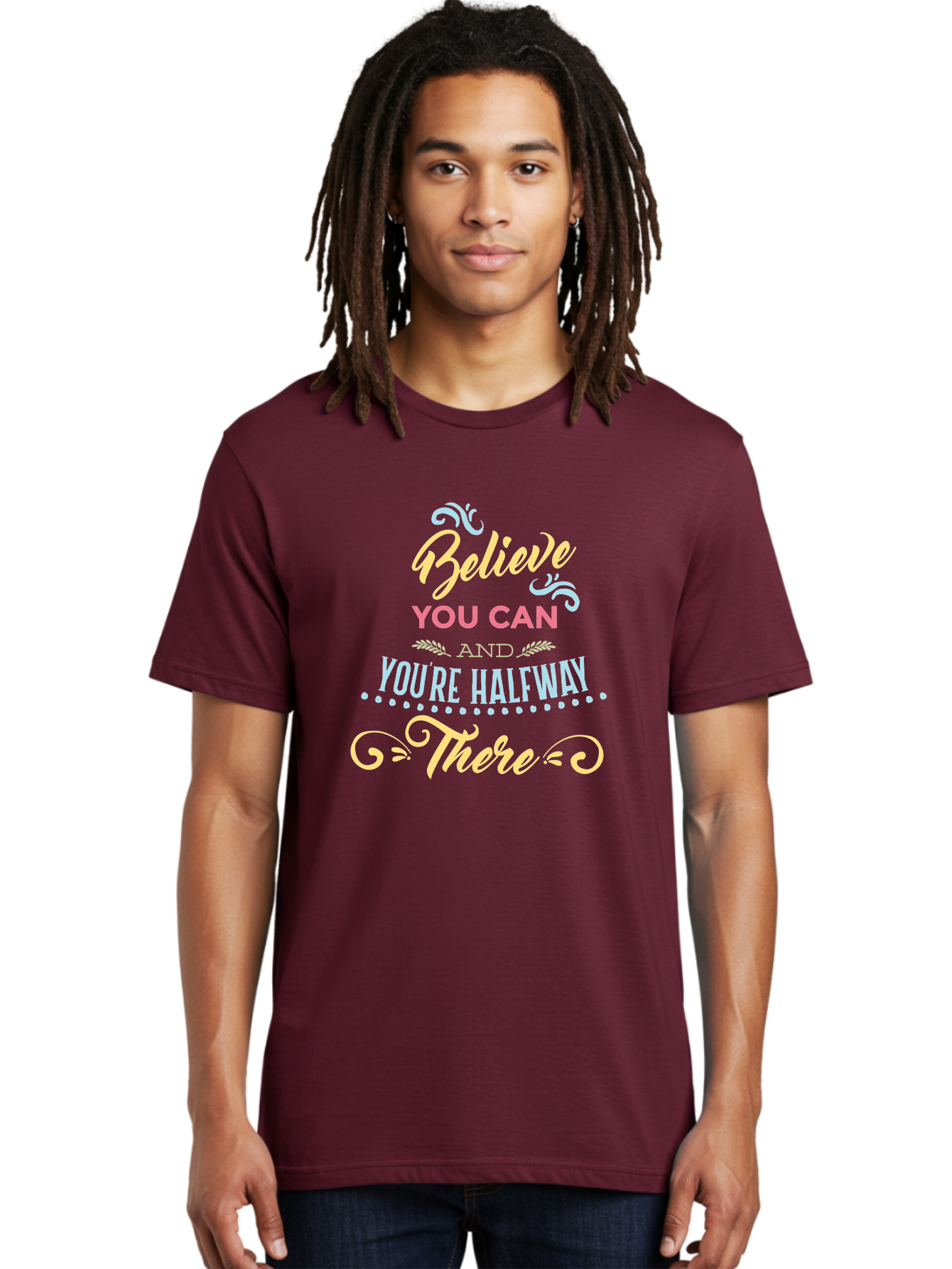Believe-You-Can-And-You-Re-Halfway-There Men'S Graphic Tee, 100% Cotton, Comfortable Casual Summer Wear, Machine Washable, Motivational Quote, Believe In Yourself, Positive Affirmation, Inspirational Message, Empowerment, Confidence, Aac507