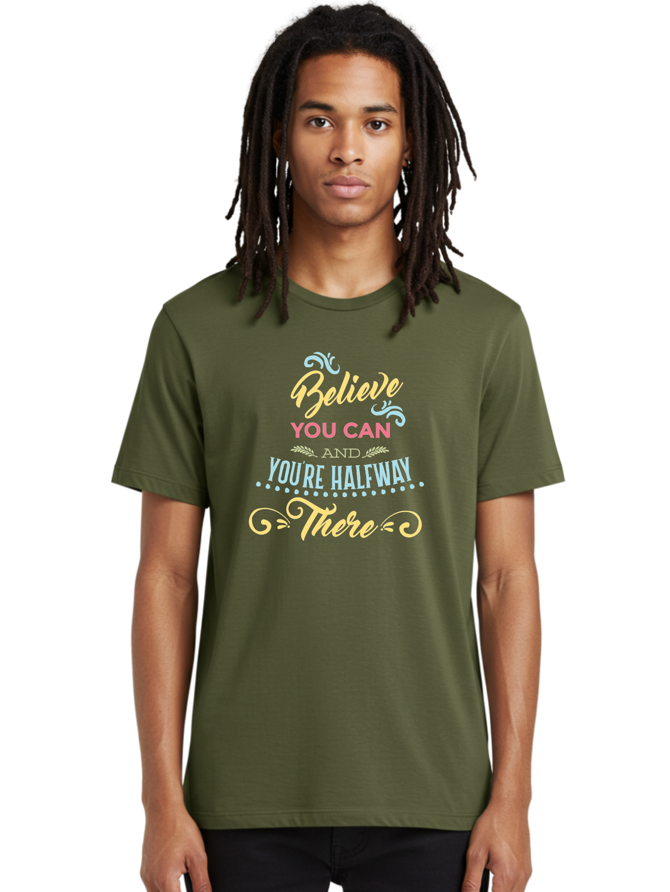 Believe-You-Can-And-You-Re-Halfway-There Men'S Graphic Tee, 100% Cotton, Comfortable Casual Summer Wear, Machine Washable, Motivational Quote, Believe In Yourself, Positive Affirmation, Inspirational Message, Empowerment, Confidence, Aac507