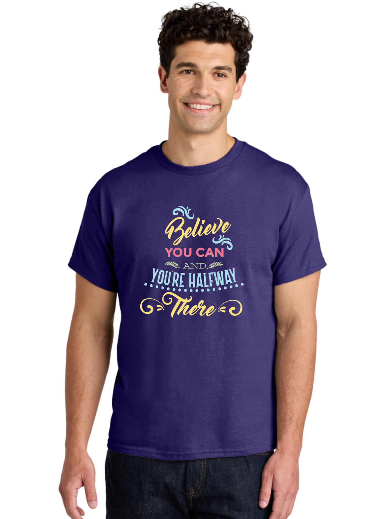 Believe-You-Can-And-You-Re-Halfway-There Men'S Graphic Tee, 100% Cotton, Comfortable Casual Summer Wear, Machine Washable, Motivational Quote, Believe In Yourself, Positive Affirmation, Inspirational Message, Empowerment, Confidence, Aac507