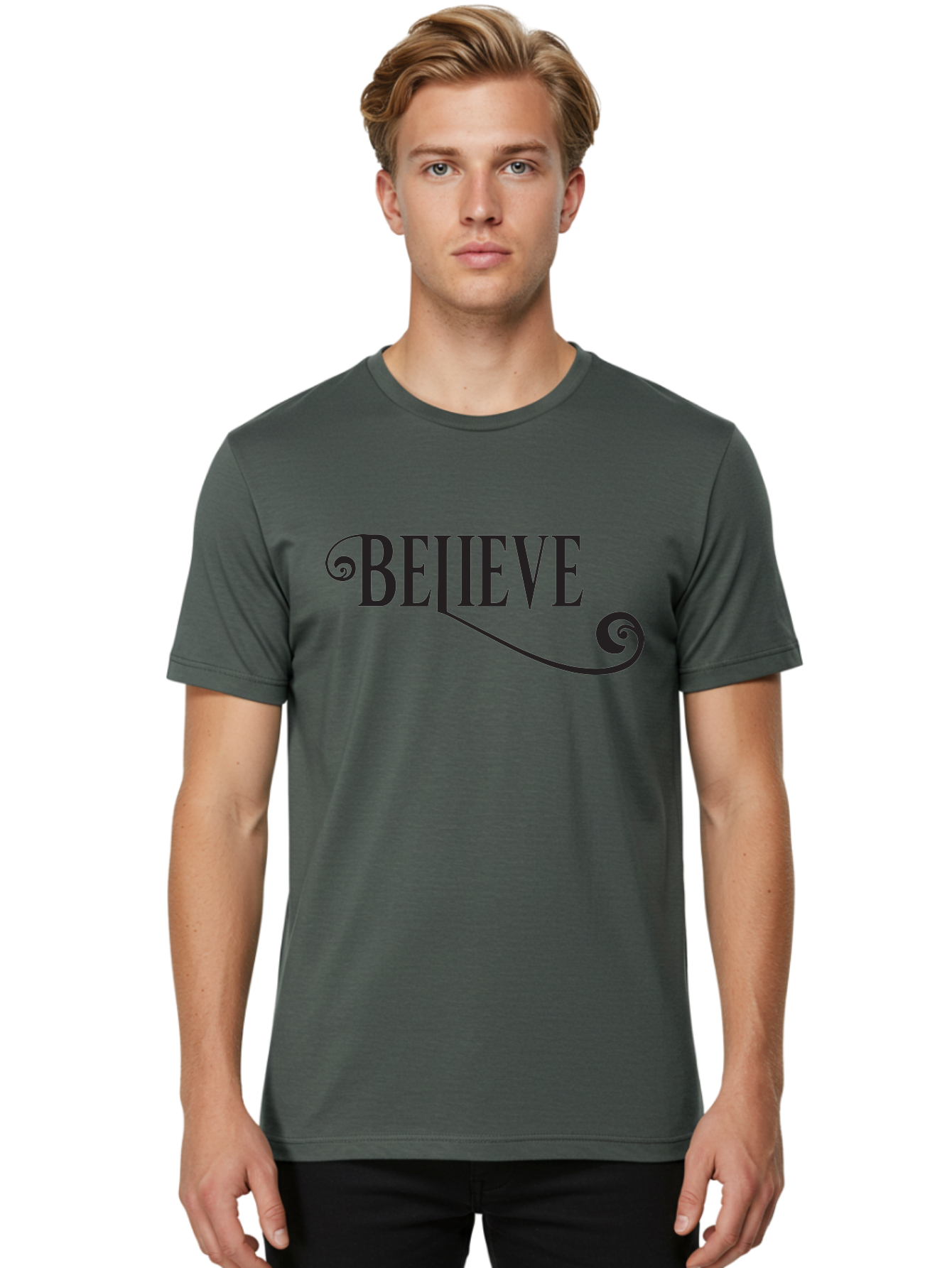 Believe Men'S Graphic Tee, 100% Cotton, Comfortable Casual Summer Wear, Machine Washable, Believe, Motivational Quote, Inspirational Message, Typography Art, Positive Affirmation, Empowerment, Self-Belief, Confidence Boost, Decorative Swirls, Aac508
