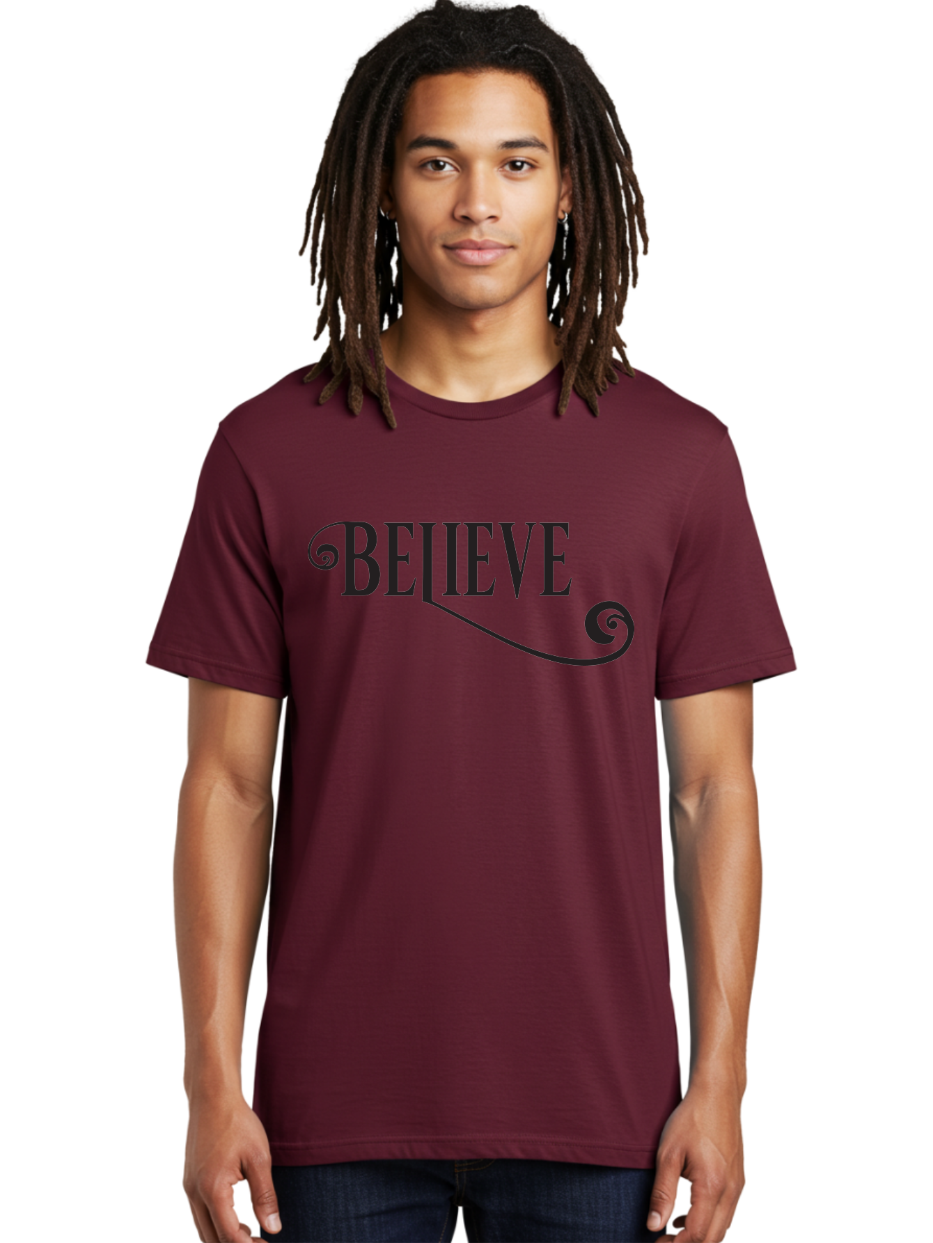 Believe Men'S Graphic Tee, 100% Cotton, Comfortable Casual Summer Wear, Machine Washable, Believe, Motivational Quote, Inspirational Message, Typography Art, Positive Affirmation, Empowerment, Self-Belief, Confidence Boost, Decorative Swirls, Aac508