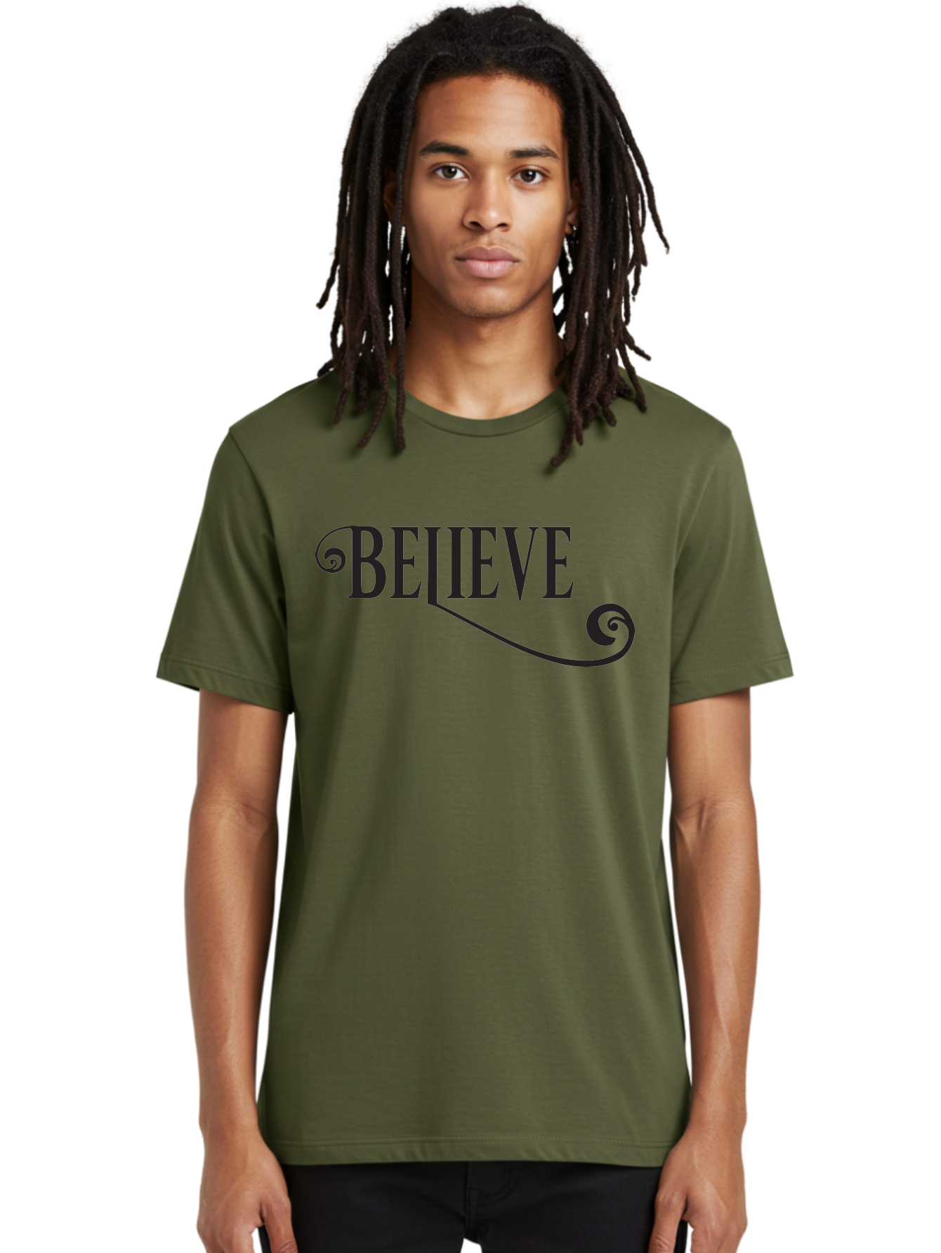 Believe Men'S Graphic Tee, 100% Cotton, Comfortable Casual Summer Wear, Machine Washable, Believe, Motivational Quote, Inspirational Message, Typography Art, Positive Affirmation, Empowerment, Self-Belief, Confidence Boost, Decorative Swirls, Aac508