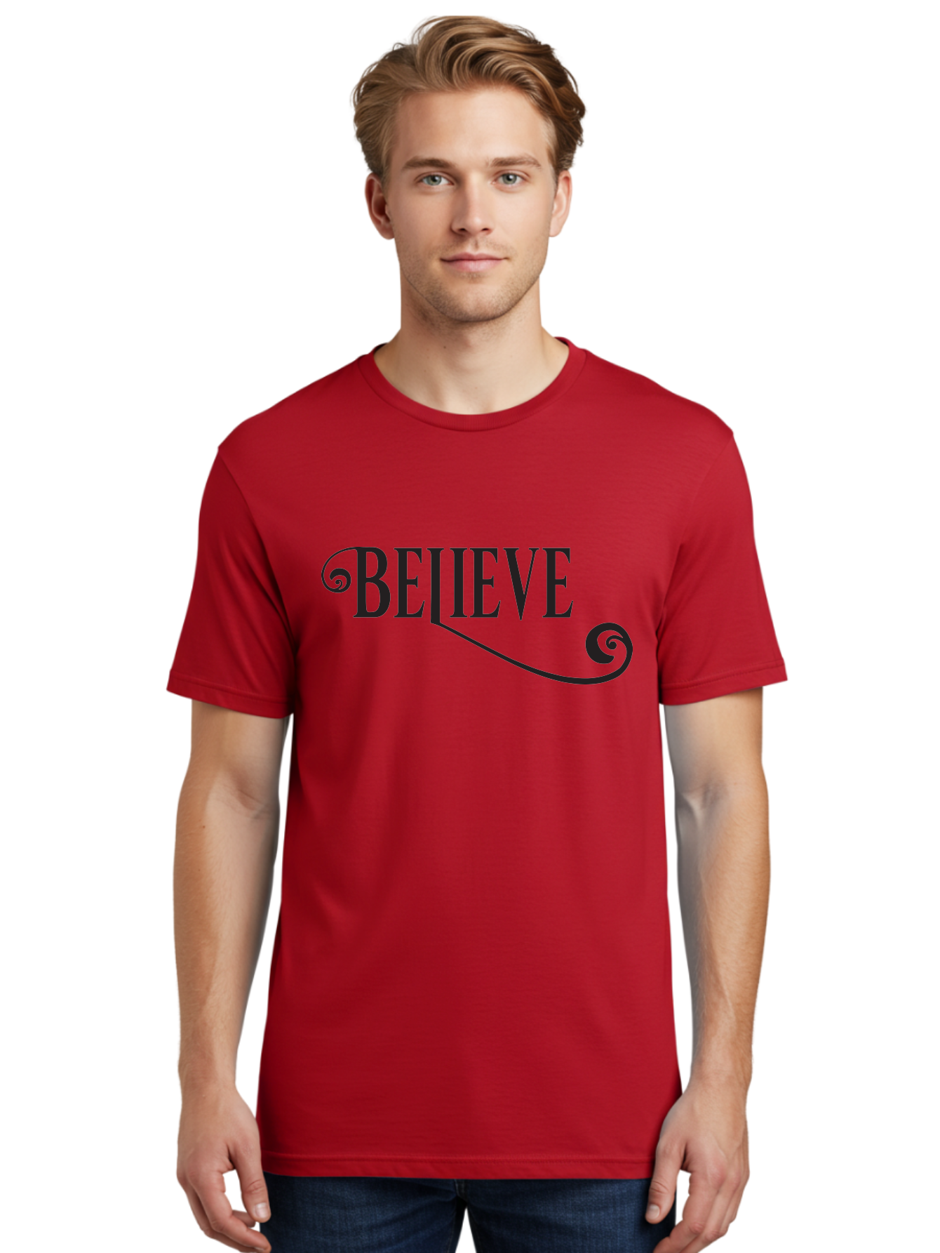 Believe Men'S Graphic Tee, 100% Cotton, Comfortable Casual Summer Wear, Machine Washable, Believe, Motivational Quote, Inspirational Message, Typography Art, Positive Affirmation, Empowerment, Self-Belief, Confidence Boost, Decorative Swirls, Aac508
