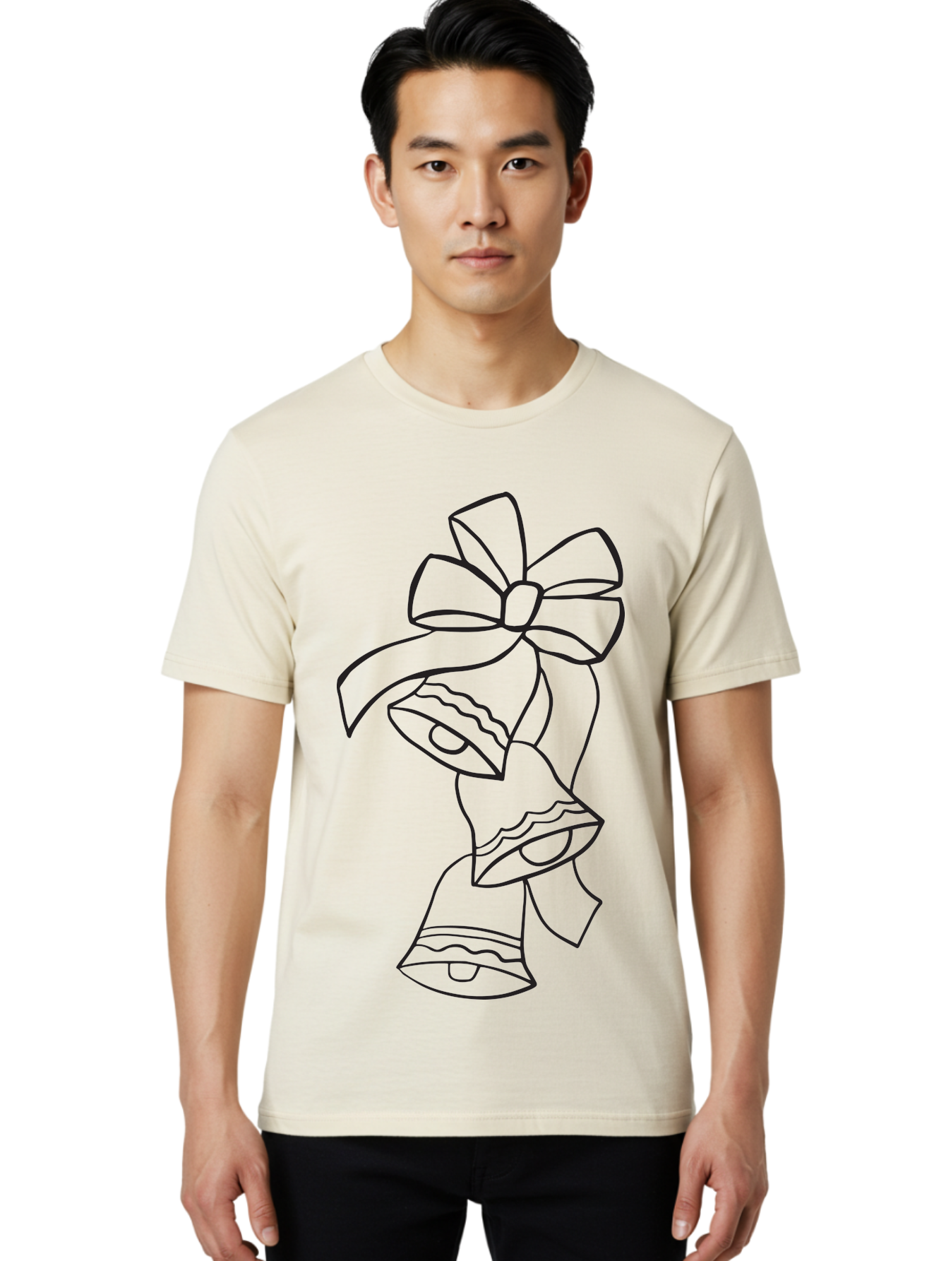 Bells-With-Bow Men'S Graphic Tee, 100% Cotton, Comfortable Casual Summer Wear, Machine Washable, Christmas Bells, Holiday Decor, Festive Decoration, Jingle Bells, Ribbon Bow, Black Outline, Simple Design, Minimalist Art, Winter Theme Aac510