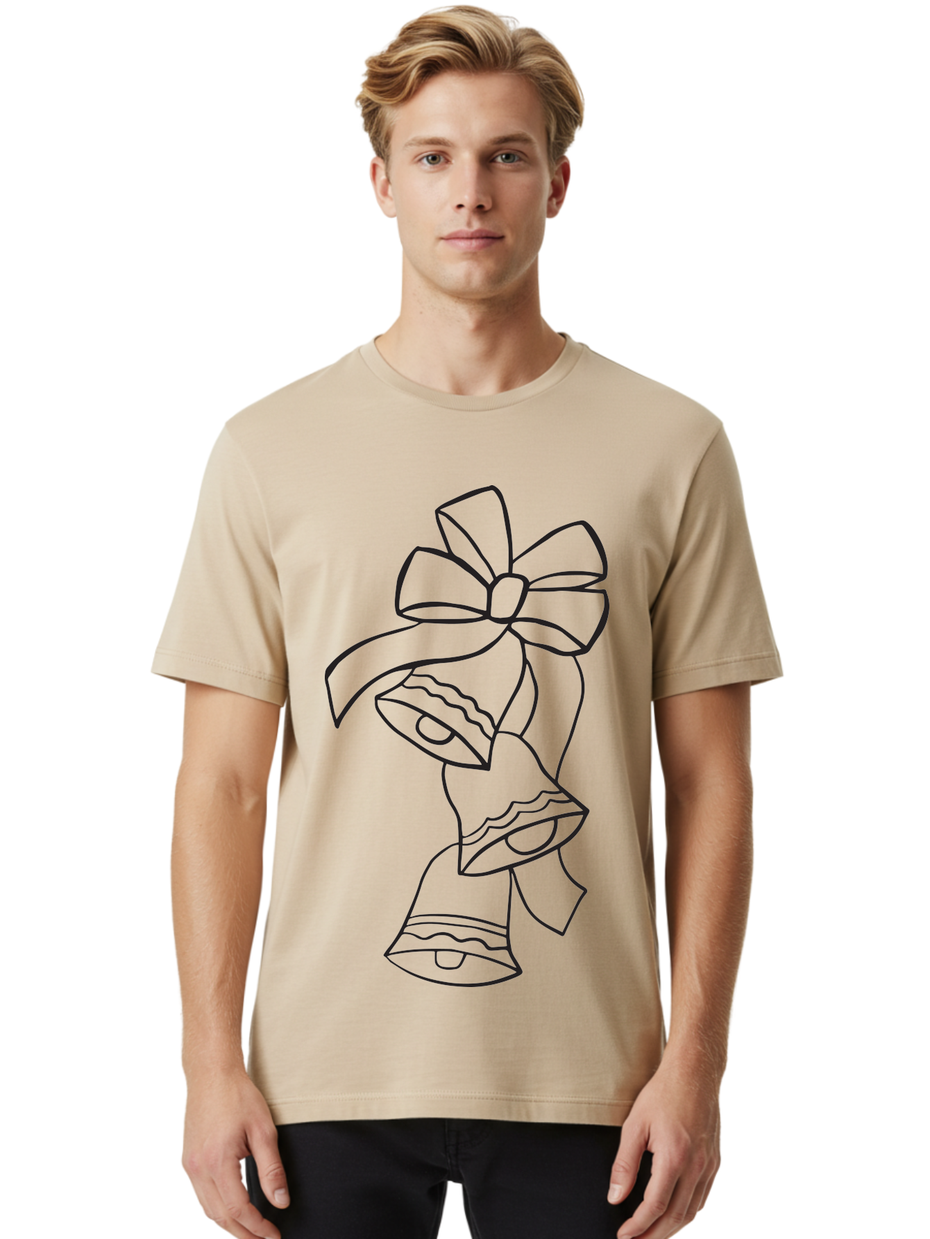 Bells-With-Bow Men'S Graphic Tee, 100% Cotton, Comfortable Casual Summer Wear, Machine Washable, Christmas Bells, Holiday Decor, Festive Decoration, Jingle Bells, Ribbon Bow, Black Outline, Simple Design, Minimalist Art, Winter Theme Aac510
