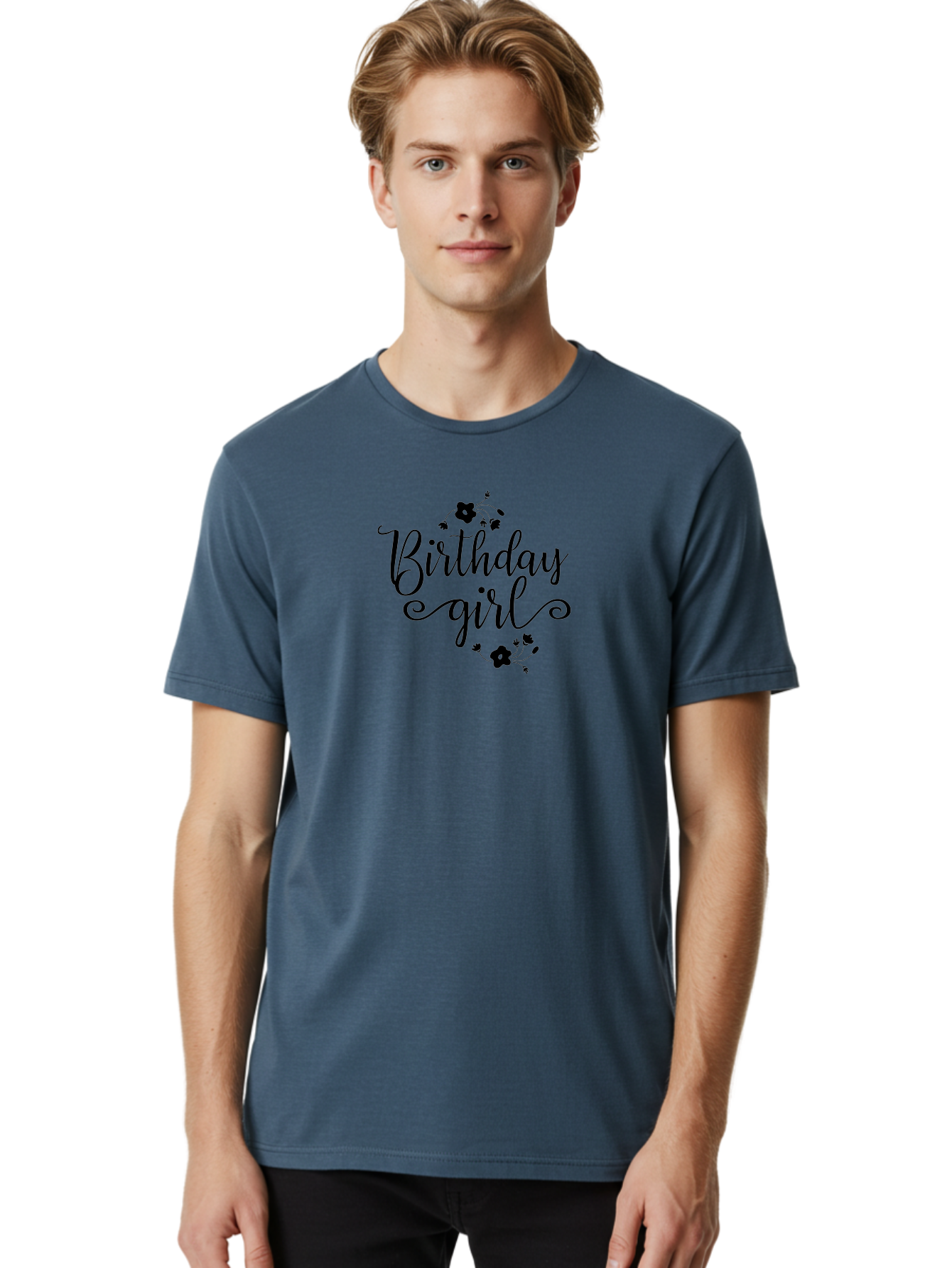 Birthday-Girl Men'S Graphic Tee, 100% Cotton, Comfortable Casual Summer Wear, Machine Washable, Birthday Girl, Black Lettering, Floral Design, Celebratory Theme, Elegant Typography, Special Occasion, Flowers, Birthday Wishes Aac515