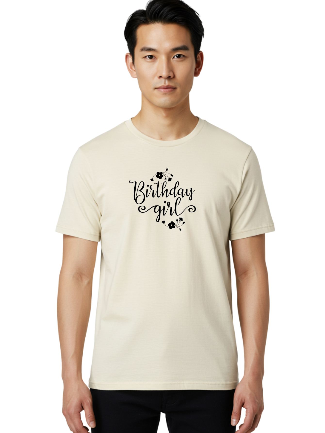 Birthday-Girl Men'S Graphic Tee, 100% Cotton, Comfortable Casual Summer Wear, Machine Washable, Birthday Girl, Black Lettering, Floral Design, Celebratory Theme, Elegant Typography, Special Occasion, Flowers, Birthday Wishes Aac515