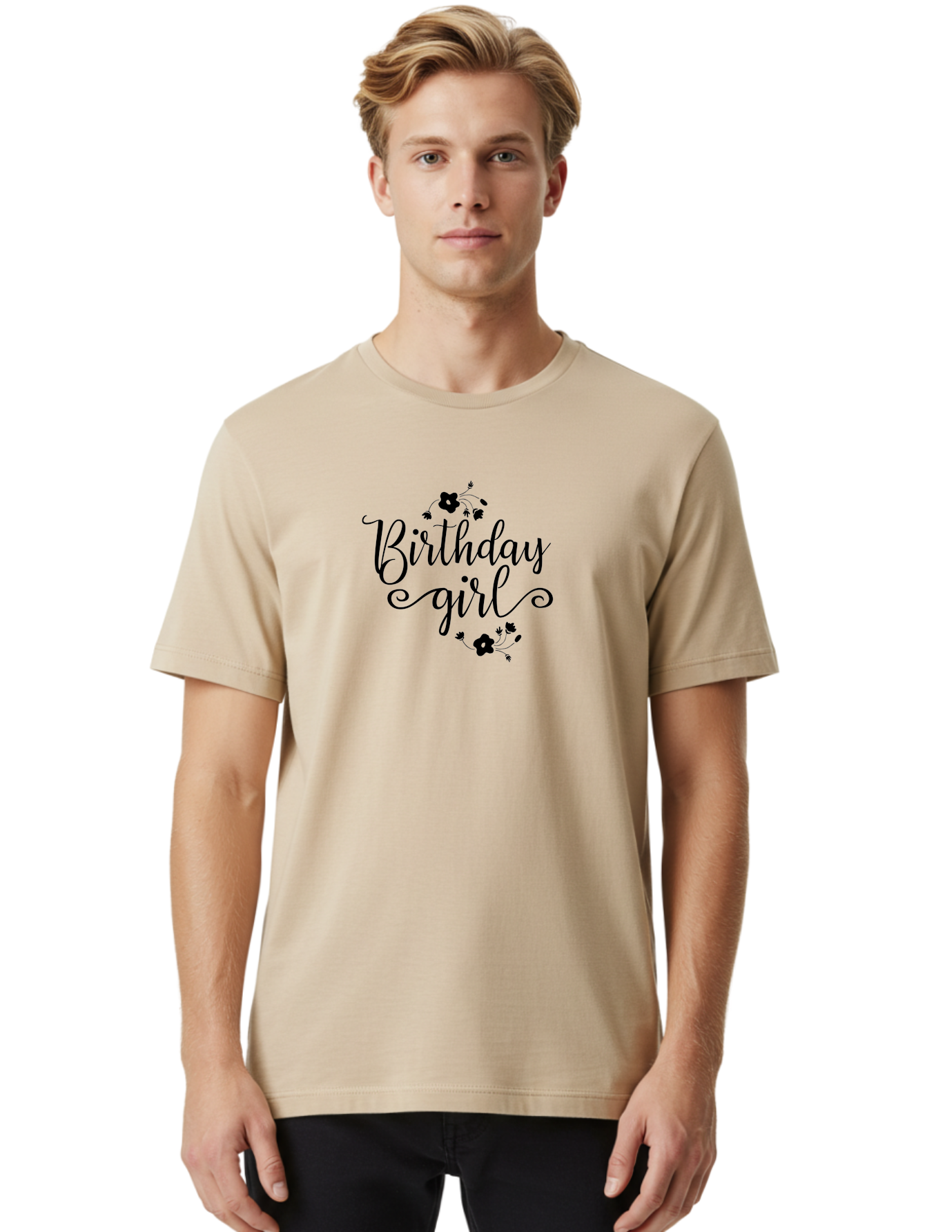 Birthday-Girl Men'S Graphic Tee, 100% Cotton, Comfortable Casual Summer Wear, Machine Washable, Birthday Girl, Black Lettering, Floral Design, Celebratory Theme, Elegant Typography, Special Occasion, Flowers, Birthday Wishes Aac515