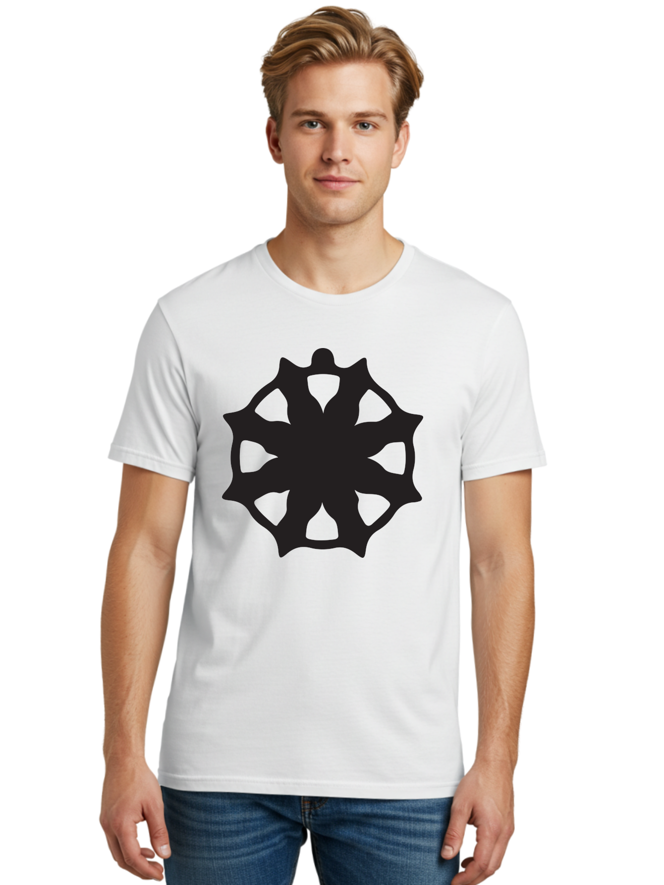 Black-Abstract-Symbol Men'S Graphic Tee, 100% Cotton, Comfortable Casual Summer Wear, Machine Washable, Asterisk Symbol, Star Shape, Geometric Pattern, Abstract Design, Symmetrical Shape, Black Silhouette Aac516
