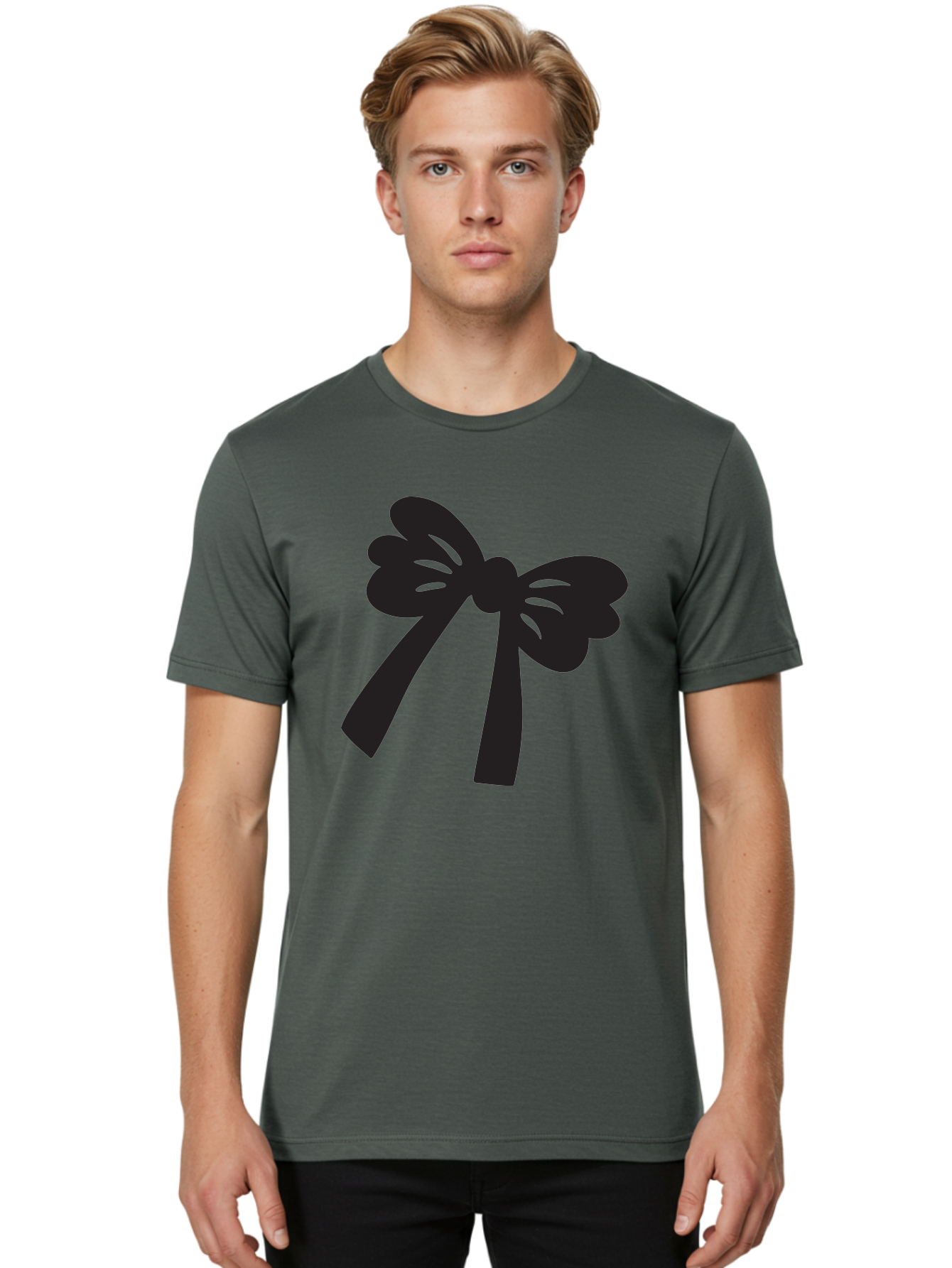Black-Bow Men'S Graphic Tee, 100% Cotton, Comfortable Casual Summer Wear, Machine Washable, Black Bow Ribbon, Elegant Design, Minimalist Style, Decorative Element, Gift Wrapping, Fashion Accessory, Simple Graphics Aac517