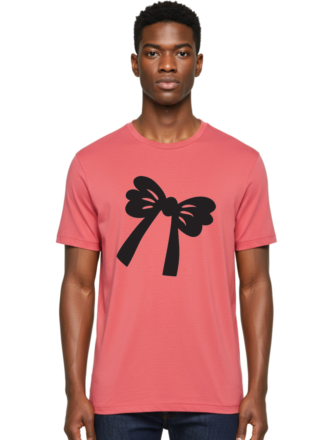 Black-Bow Men'S Graphic Tee, 100% Cotton, Comfortable Casual Summer Wear, Machine Washable, Black Bow Ribbon, Elegant Design, Minimalist Style, Decorative Element, Gift Wrapping, Fashion Accessory, Simple Graphics Aac517