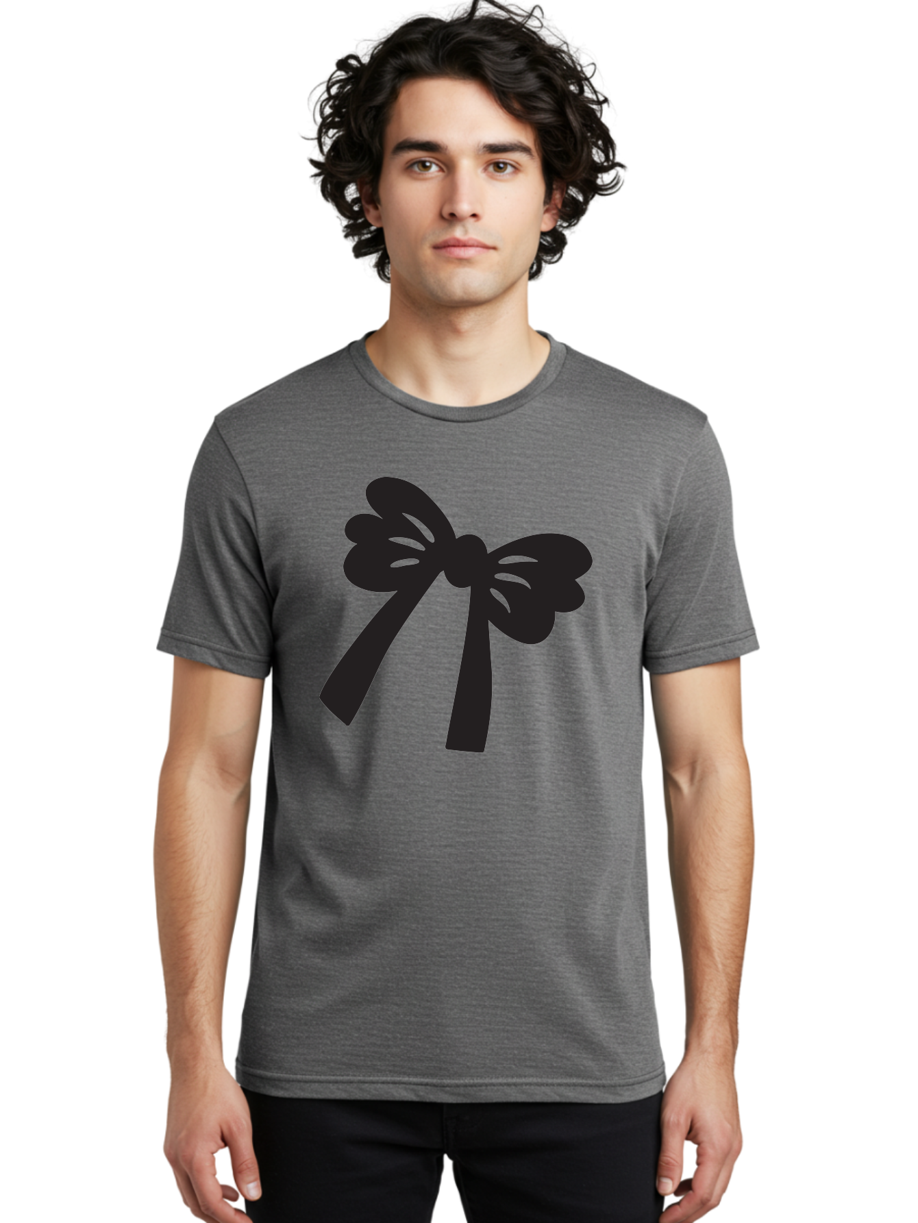 Black-Bow Men'S Graphic Tee, 100% Cotton, Comfortable Casual Summer Wear, Machine Washable, Black Bow Ribbon, Elegant Design, Minimalist Style, Decorative Element, Gift Wrapping, Fashion Accessory, Simple Graphics Aac517
