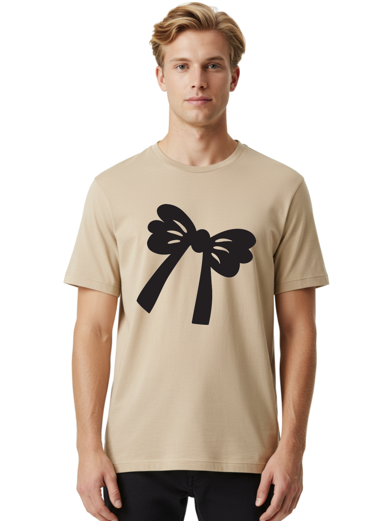 Black-Bow Men'S Graphic Tee, 100% Cotton, Comfortable Casual Summer Wear, Machine Washable, Black Bow Ribbon, Elegant Design, Minimalist Style, Decorative Element, Gift Wrapping, Fashion Accessory, Simple Graphics Aac517