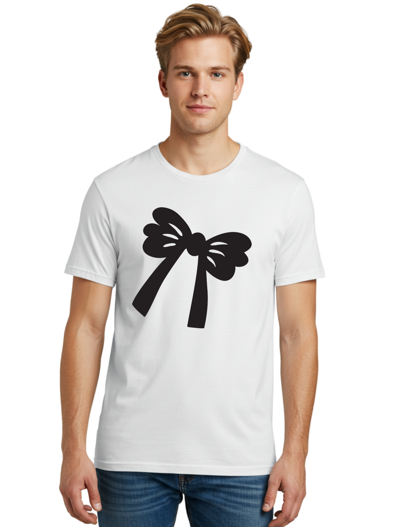 Black-Bow Men'S Graphic Tee, 100% Cotton, Comfortable Casual Summer Wear, Machine Washable, Black Bow Ribbon, Elegant Design, Minimalist Style, Decorative Element, Gift Wrapping, Fashion Accessory, Simple Graphics Aac517