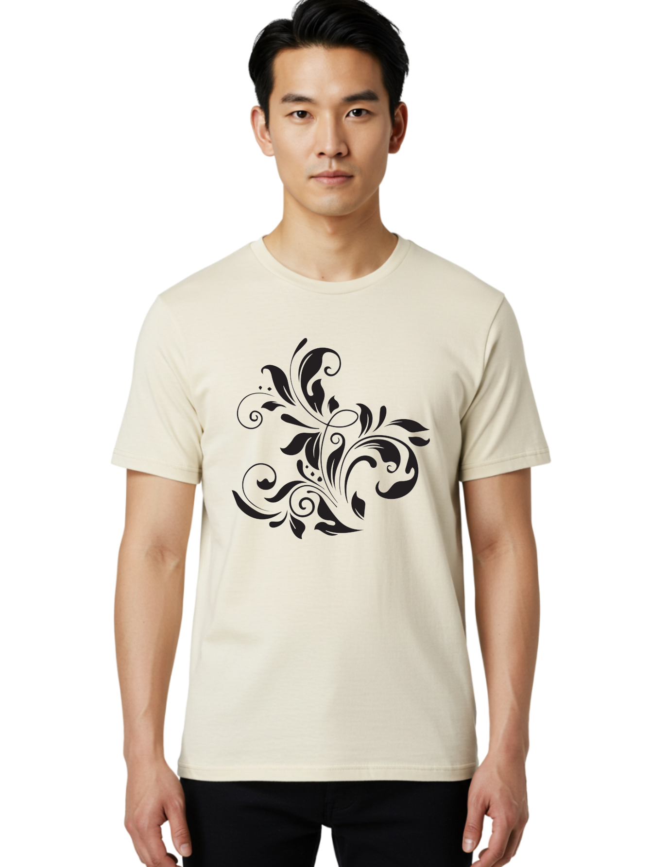 Black-Floral-Pattern Men'S Graphic Tee, 100% Cotton, Comfortable Casual Summer Wear, Machine Washable, Black Floral Pattern, Swirling Leaves, Ornate Design, Decorative Elements, Intricate Details, Elegant Graphics Aac519