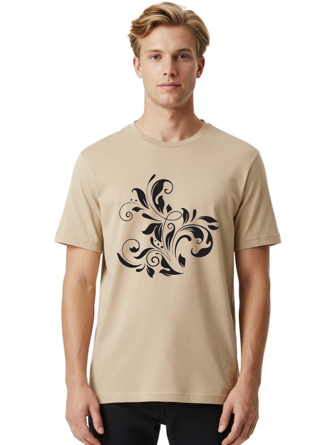 Black-Floral-Pattern Men'S Graphic Tee, 100% Cotton, Comfortable Casual Summer Wear, Machine Washable, Black Floral Pattern, Swirling Leaves, Ornate Design, Decorative Elements, Intricate Details, Elegant Graphics Aac519