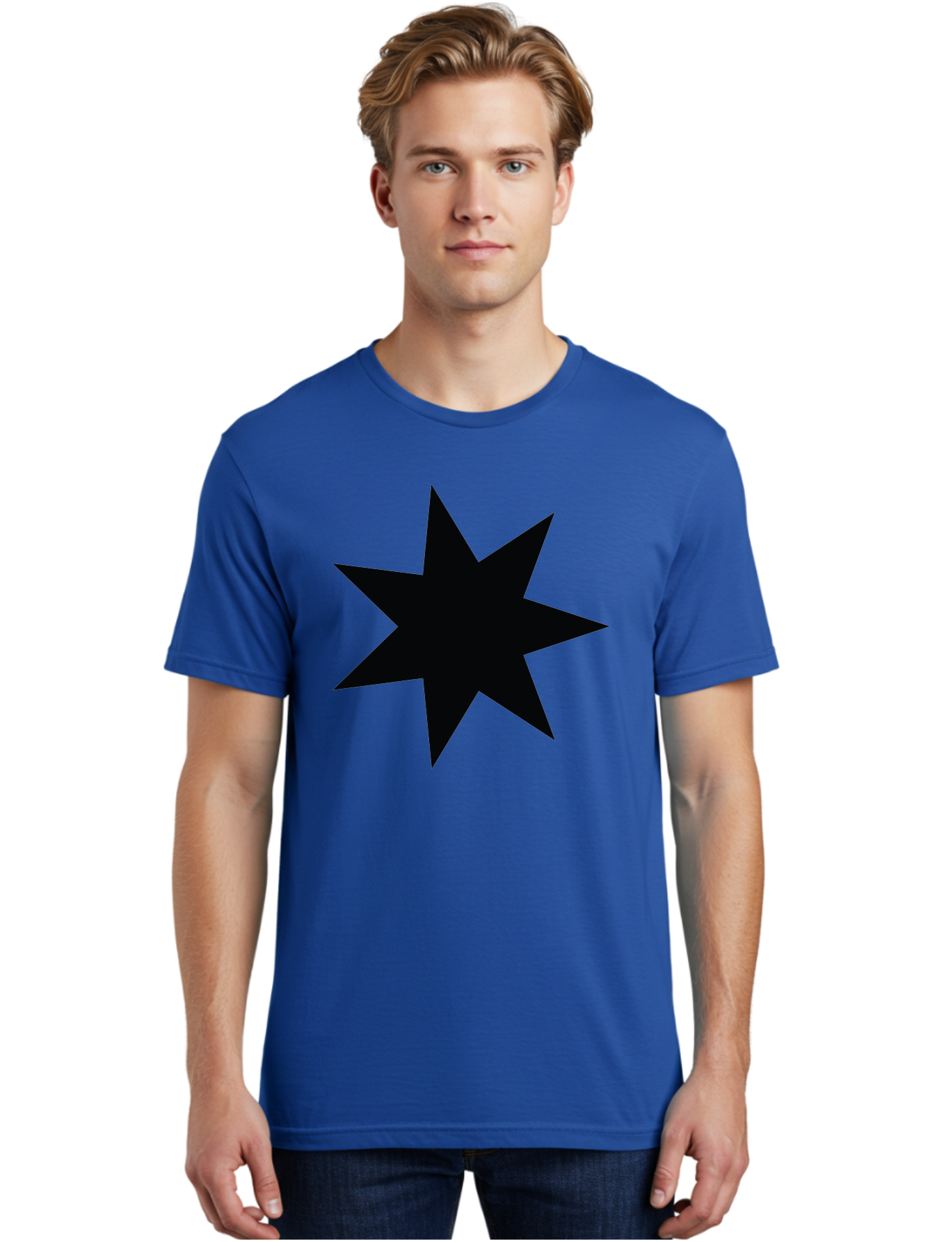 Black-Star-1 Men'S Graphic Tee, 100% Cotton, Comfortable Casual Summer Wear, Machine Washable, Eight Pointed Star, Black Star, Star Graphic, Bold Shape, Geometric Design, Symmetrical Pattern, Star Symbol Aac521