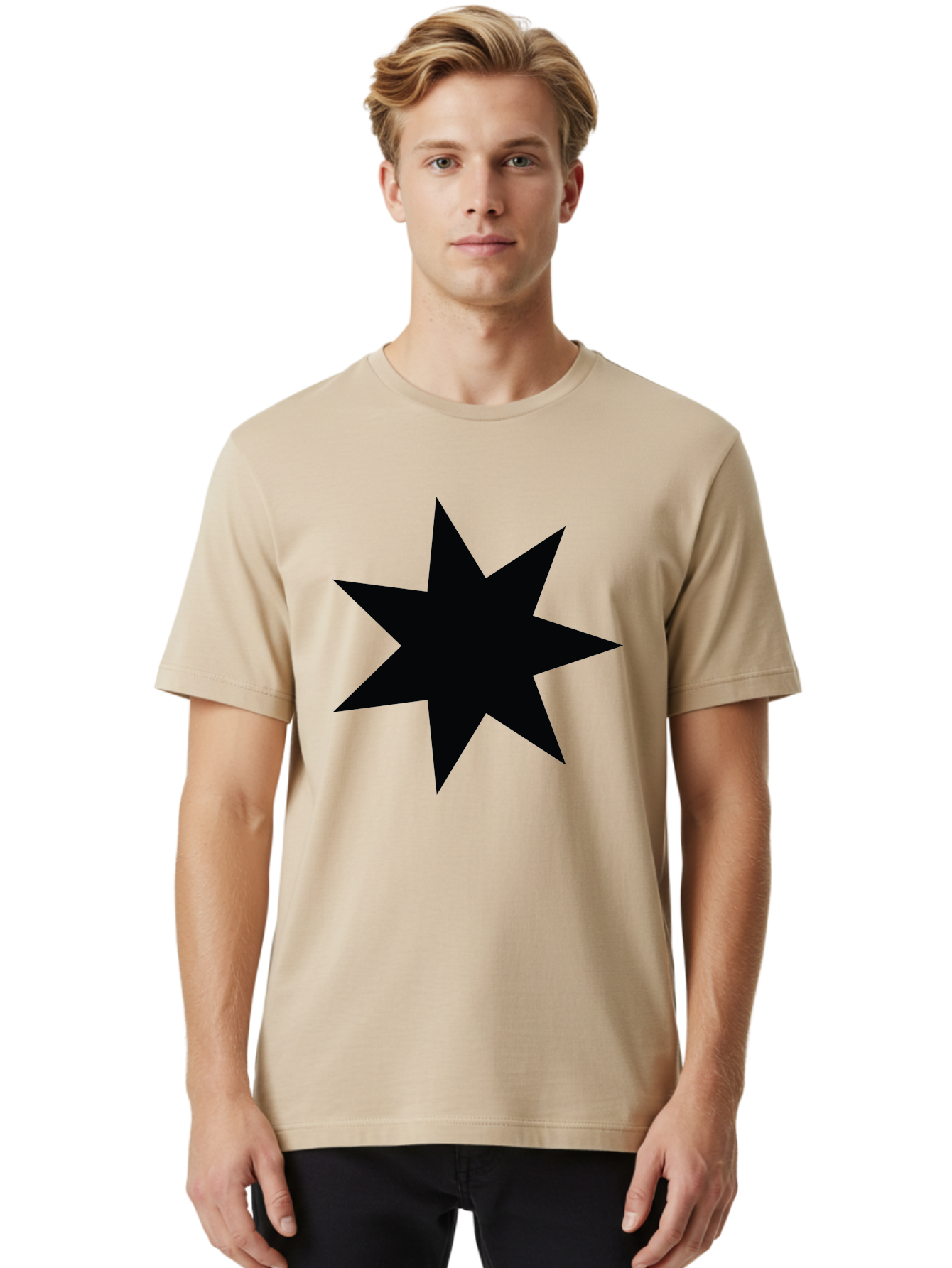Black-Star-1 Men'S Graphic Tee, 100% Cotton, Comfortable Casual Summer Wear, Machine Washable, Eight Pointed Star, Black Star, Star Graphic, Bold Shape, Geometric Design, Symmetrical Pattern, Star Symbol Aac521