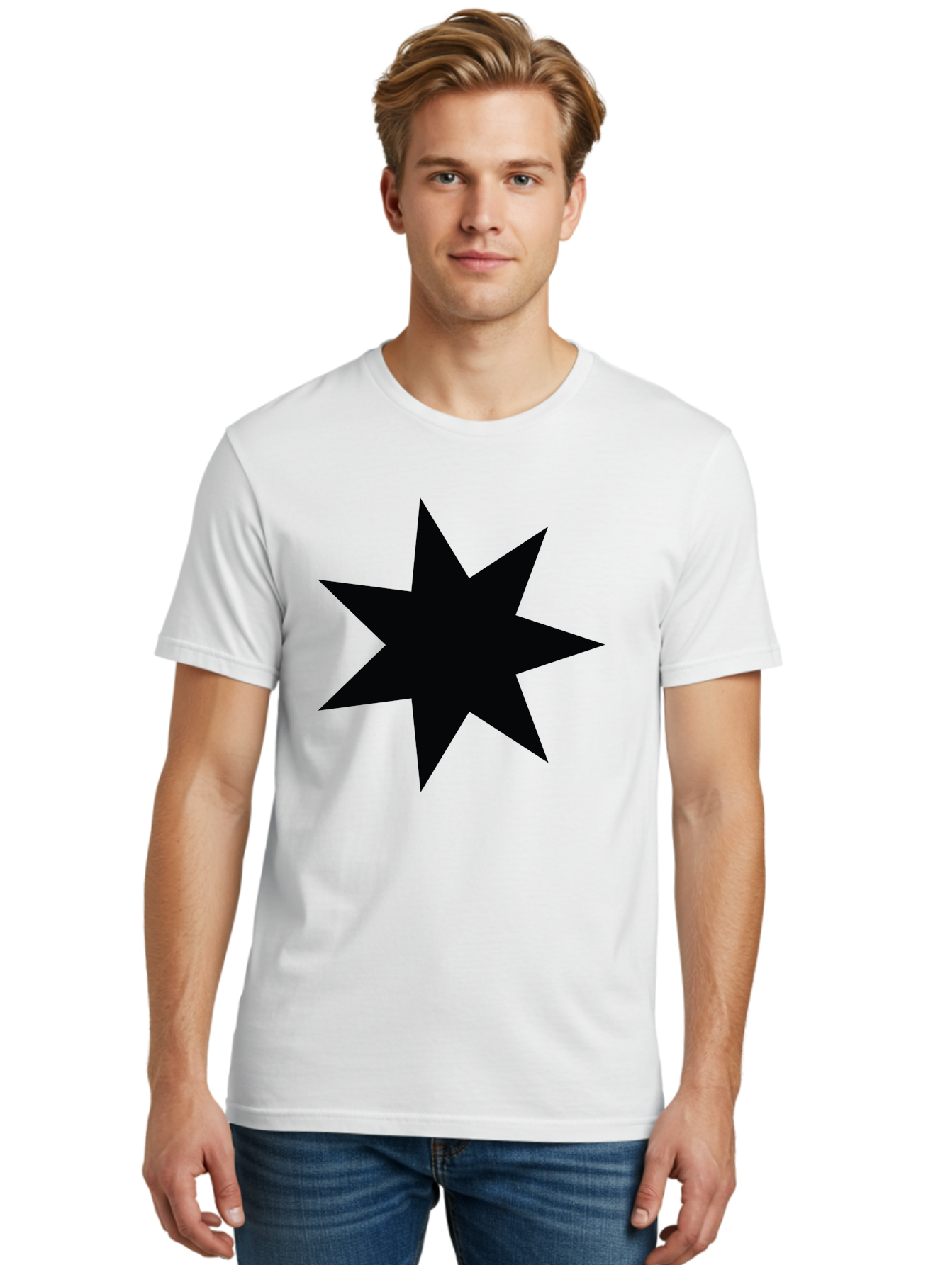 Black-Star-1 Men'S Graphic Tee, 100% Cotton, Comfortable Casual Summer Wear, Machine Washable, Eight Pointed Star, Black Star, Star Graphic, Bold Shape, Geometric Design, Symmetrical Pattern, Star Symbol Aac521