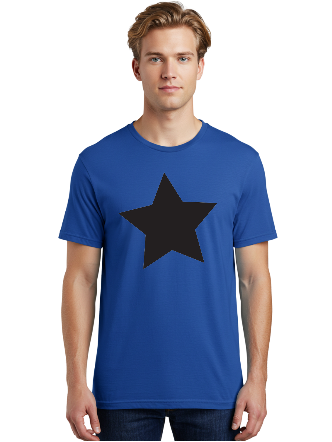 Black-Star Men'S Graphic Tee, 100% Cotton, Comfortable Casual Summer Wear, Machine Washable, Five-Pointed Star, Black Star, Bold Graphic, Simple Design, Minimalist Style, Star Symbol, Iconic Shape Aac522