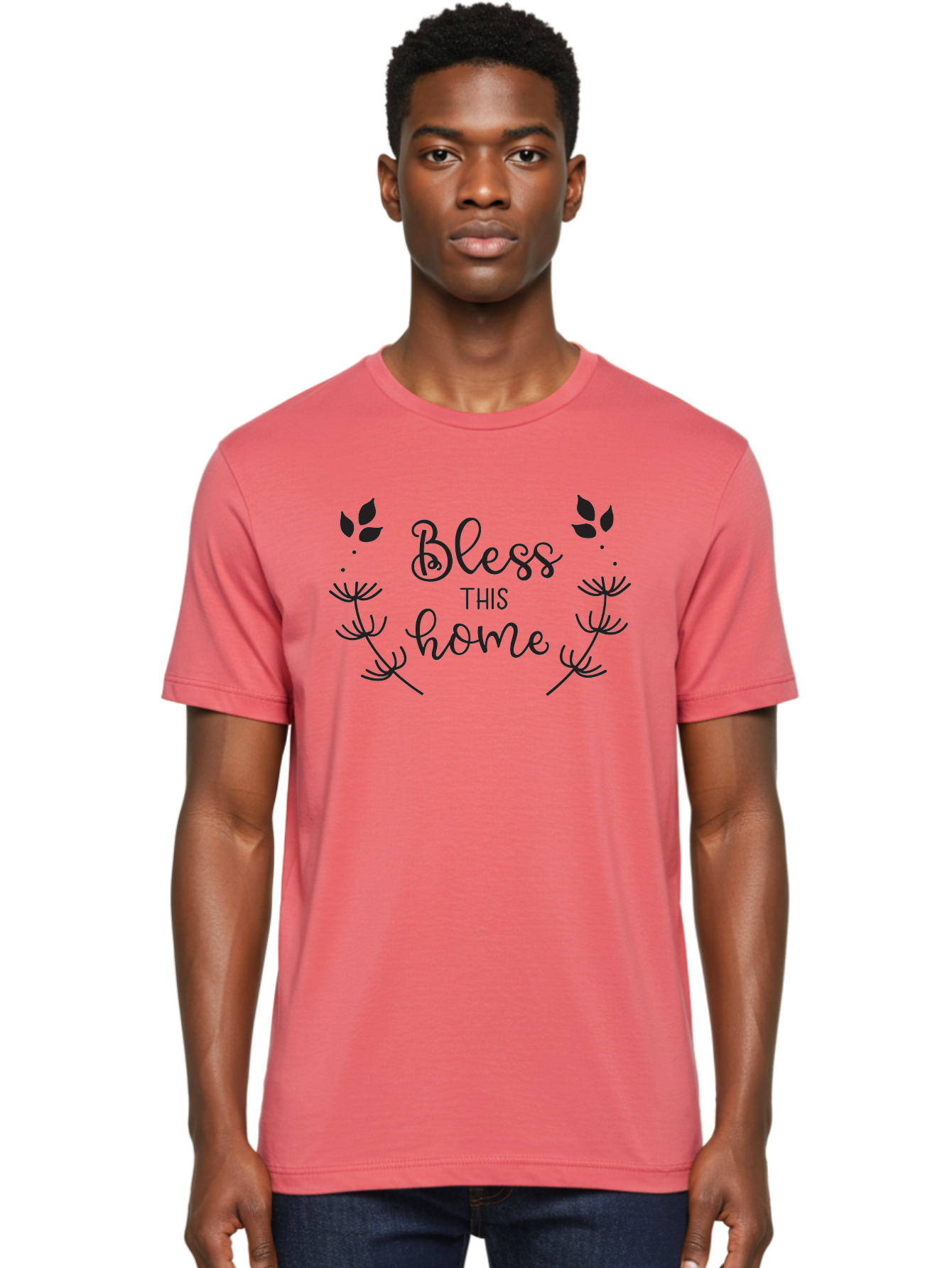 Bless-This-Home Men'S Graphic Tee, 100% Cotton, Comfortable Casual Summer Wear, Machine Washable, Bless This Home, Home Decor, Inspirational Quote, Floral Design, Dandelion Graphics, Home Blessing, Positive Vibes, Wall Art, Motivational Quote, Aac524