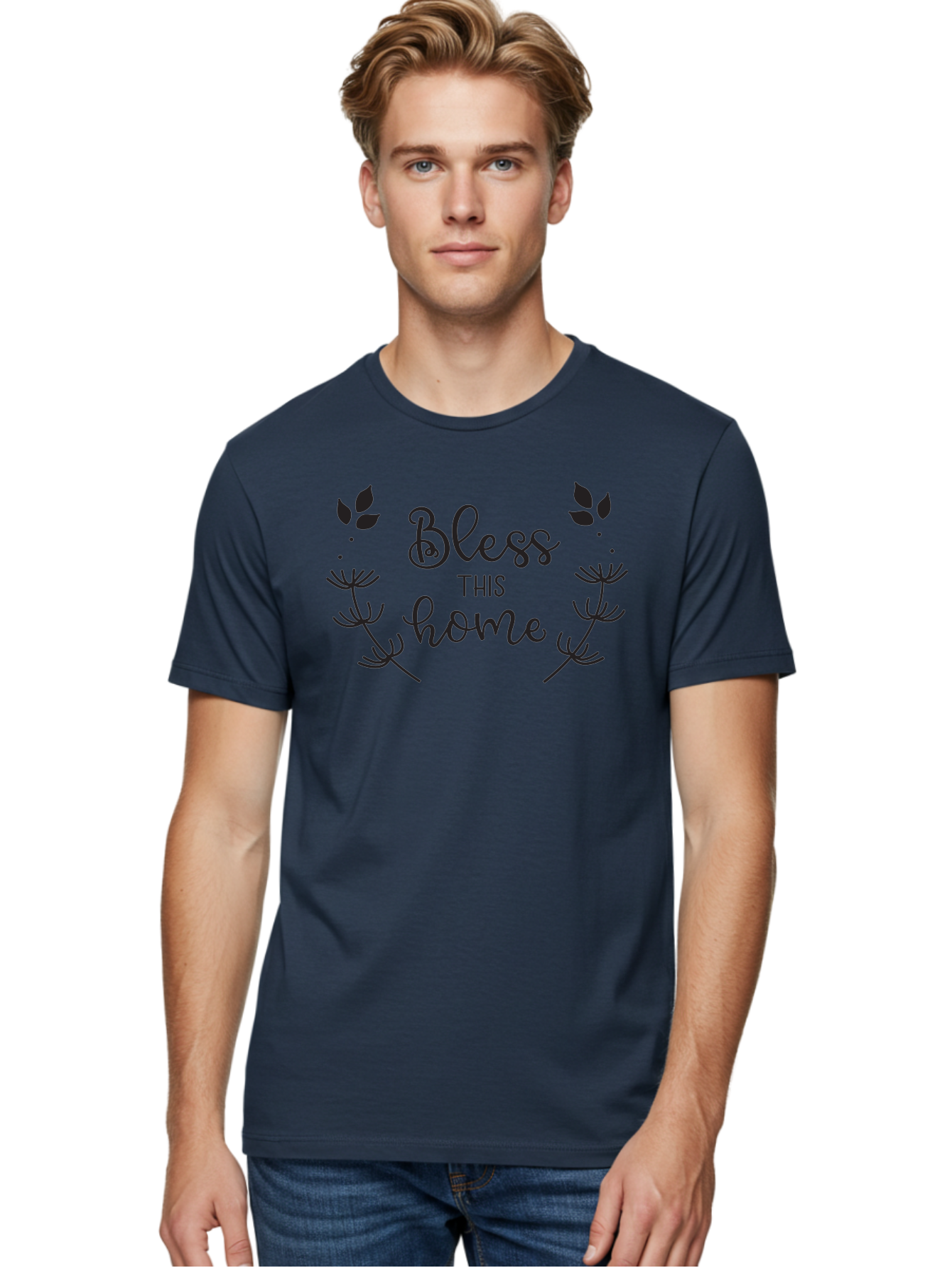 Bless-This-Home Men'S Graphic Tee, 100% Cotton, Comfortable Casual Summer Wear, Machine Washable, Bless This Home, Home Decor, Inspirational Quote, Floral Design, Dandelion Graphics, Home Blessing, Positive Vibes, Wall Art, Motivational Quote, Aac524
