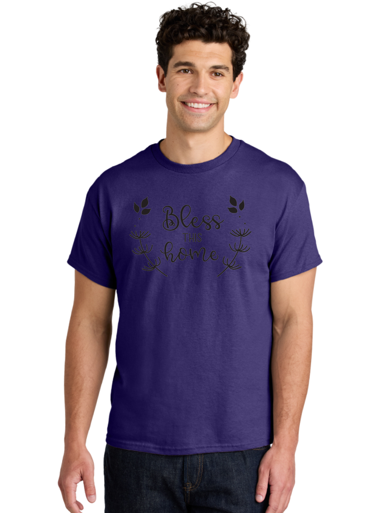 Bless-This-Home Men'S Graphic Tee, 100% Cotton, Comfortable Casual Summer Wear, Machine Washable, Bless This Home, Home Decor, Inspirational Quote, Floral Design, Dandelion Graphics, Home Blessing, Positive Vibes, Wall Art, Motivational Quote, Aac524