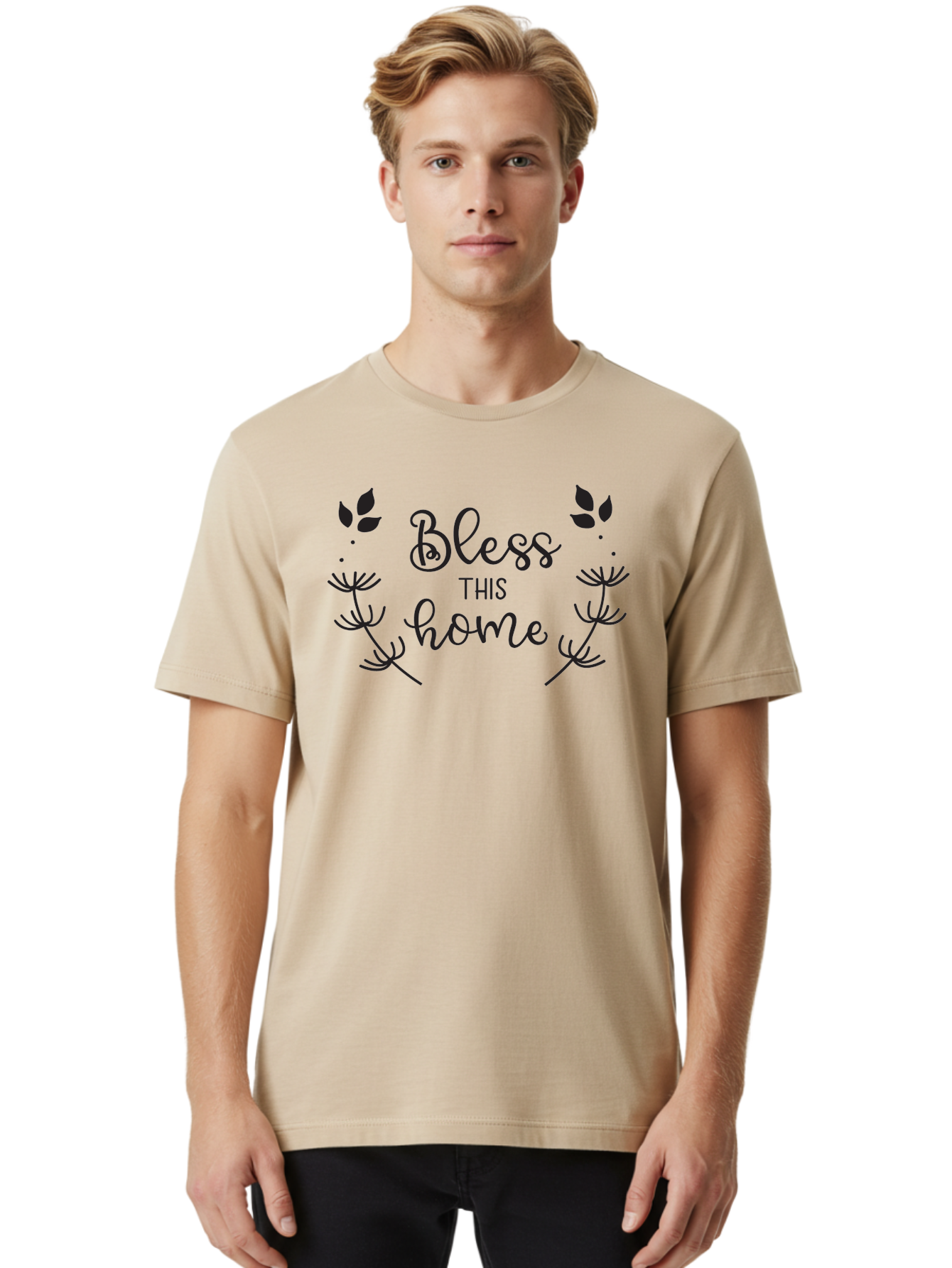 Bless-This-Home Men'S Graphic Tee, 100% Cotton, Comfortable Casual Summer Wear, Machine Washable, Bless This Home, Home Decor, Inspirational Quote, Floral Design, Dandelion Graphics, Home Blessing, Positive Vibes, Wall Art, Motivational Quote, Aac524