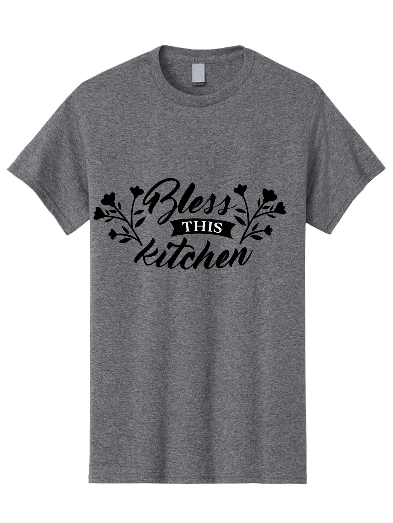 Bless-This-Kitchen Men'S Graphic Tee, 100% Cotton, Comfortable Casual Summer Wear, Machine Washable, Kitchen Decor, Floral Designs, Inspirational Quotes, Home Blessings, Kitchen Wall Art, Cursive Text, Kitchen Decor Ideas, Home Decor, Aac525