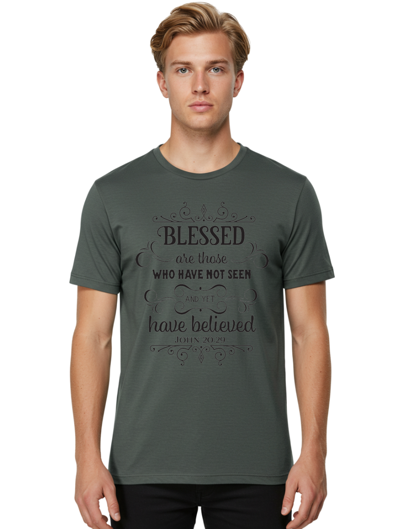 Blessed-Are-Those Men'S Graphic Tee, 100% Cotton, Comfortable Casual Summer Wear, Machine Washable, Inspirational Quote, Faith-Based Message, Biblical Scripture, John 20:29, Blessed Are Those Who Have Not Seen And Yet Have Believed, Aac526