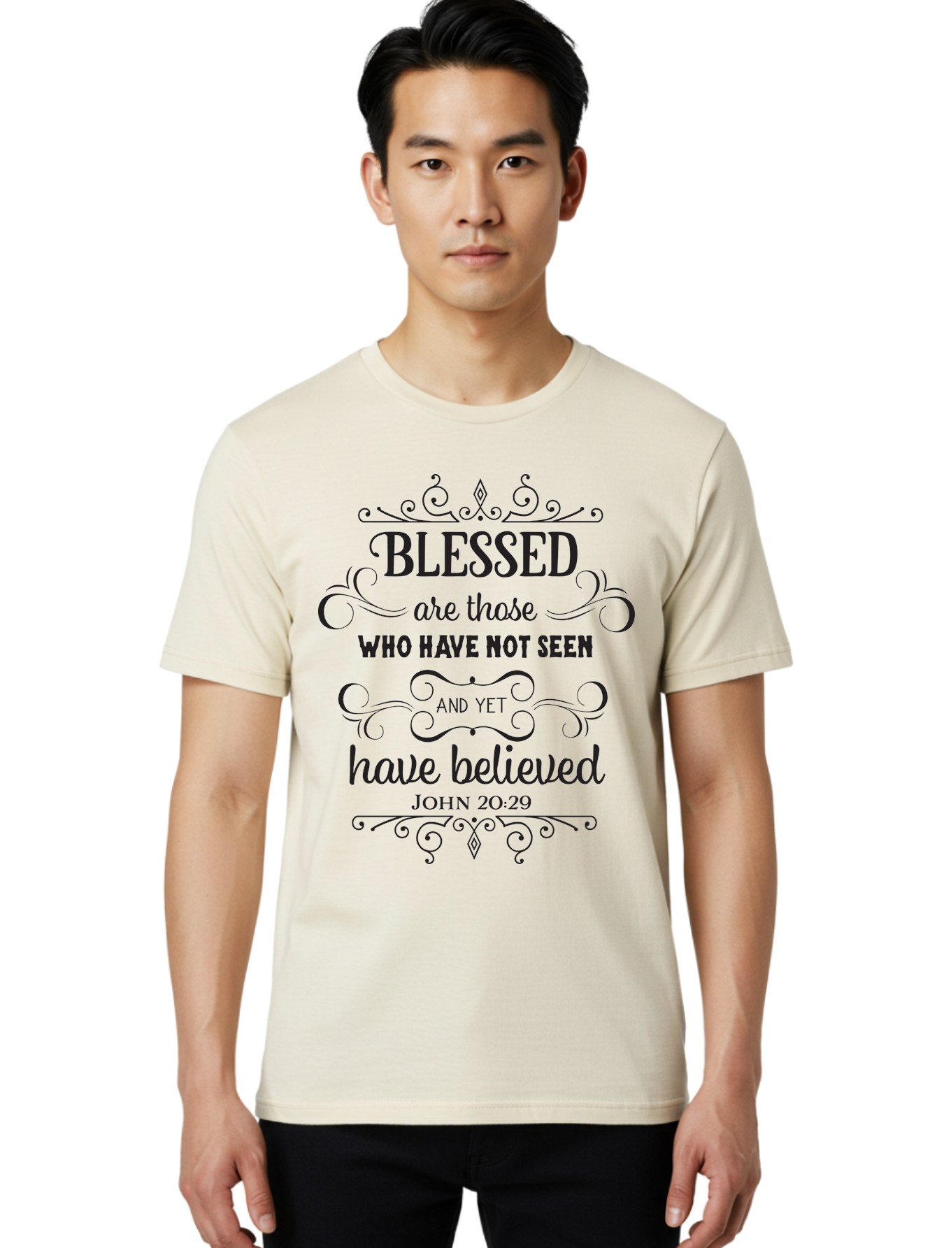 Blessed-Are-Those Men'S Graphic Tee, 100% Cotton, Comfortable Casual Summer Wear, Machine Washable, Inspirational Quote, Faith-Based Message, Biblical Scripture, John 20:29, Blessed Are Those Who Have Not Seen And Yet Have Believed, Aac526