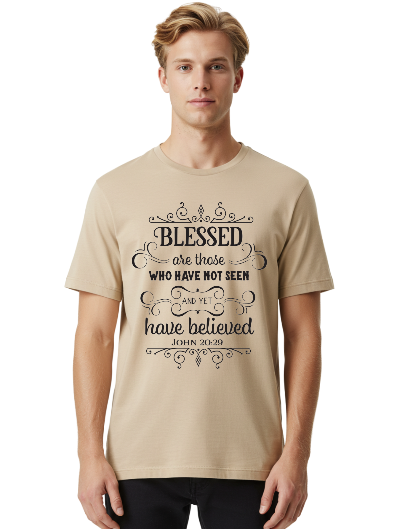 Blessed-Are-Those Men'S Graphic Tee, 100% Cotton, Comfortable Casual Summer Wear, Machine Washable, Inspirational Quote, Faith-Based Message, Biblical Scripture, John 20:29, Blessed Are Those Who Have Not Seen And Yet Have Believed, Aac526