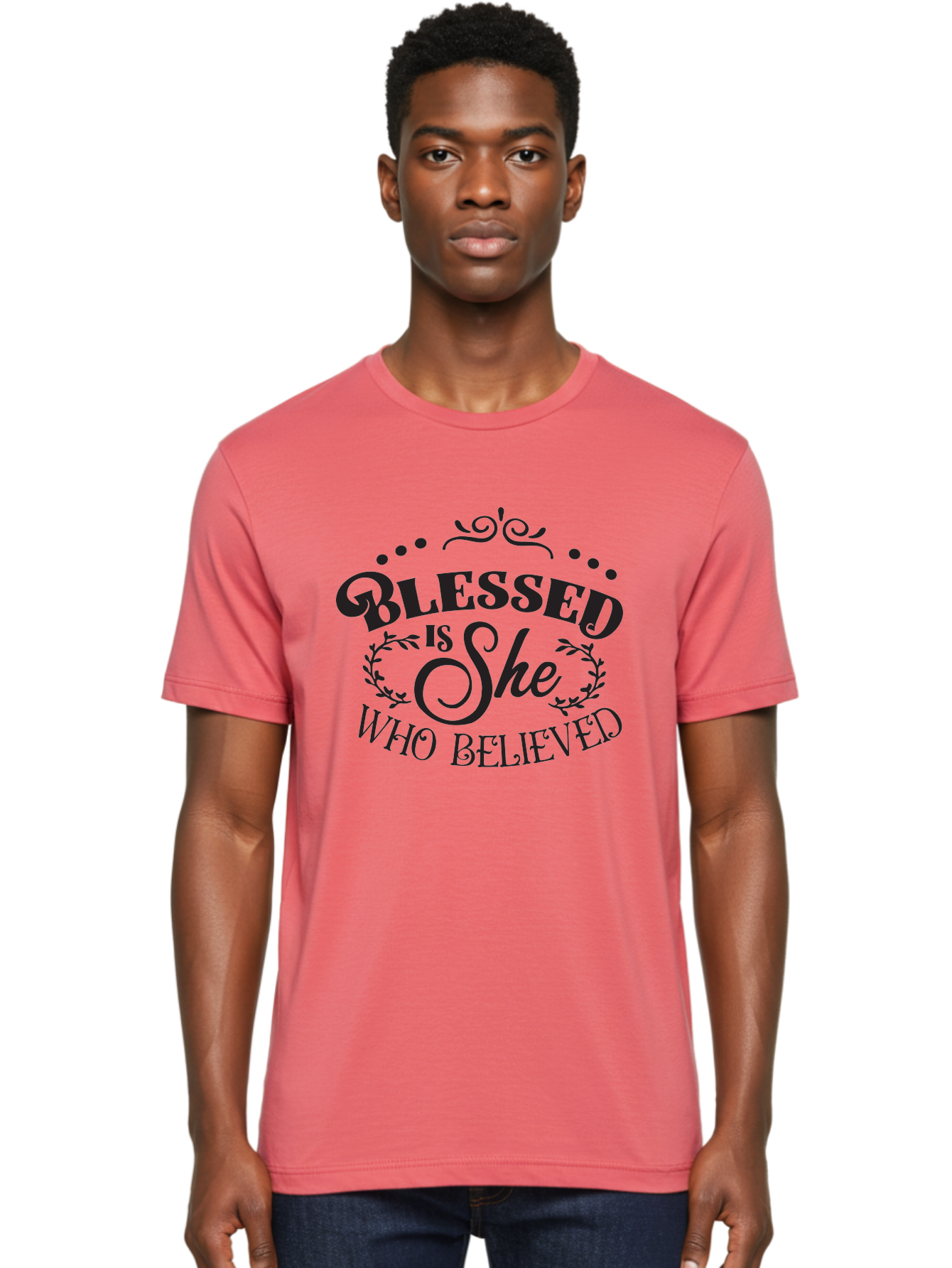 Blessed-Is-She-Who-Believed Men'S Graphic Tee, 100% Cotton, Comfortable Casual Summer Wear, Machine Washable, Inspirational Quote, Motivational Phrase, Blessed Is She Who Believed, Faith-Based Message, Positive Affirmation, Female Empowerment Aac527