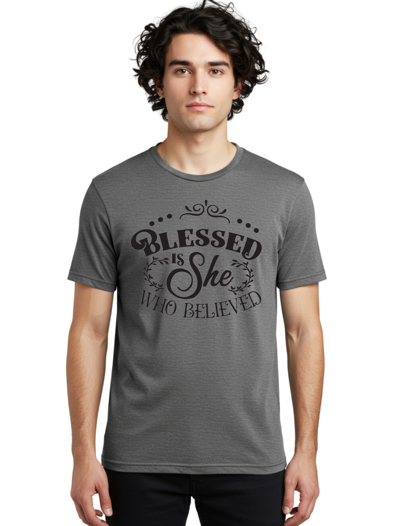 Blessed-Is-She-Who-Believed Men'S Graphic Tee, 100% Cotton, Comfortable Casual Summer Wear, Machine Washable, Inspirational Quote, Motivational Phrase, Blessed Is She Who Believed, Faith-Based Message, Positive Affirmation, Female Empowerment Aac527