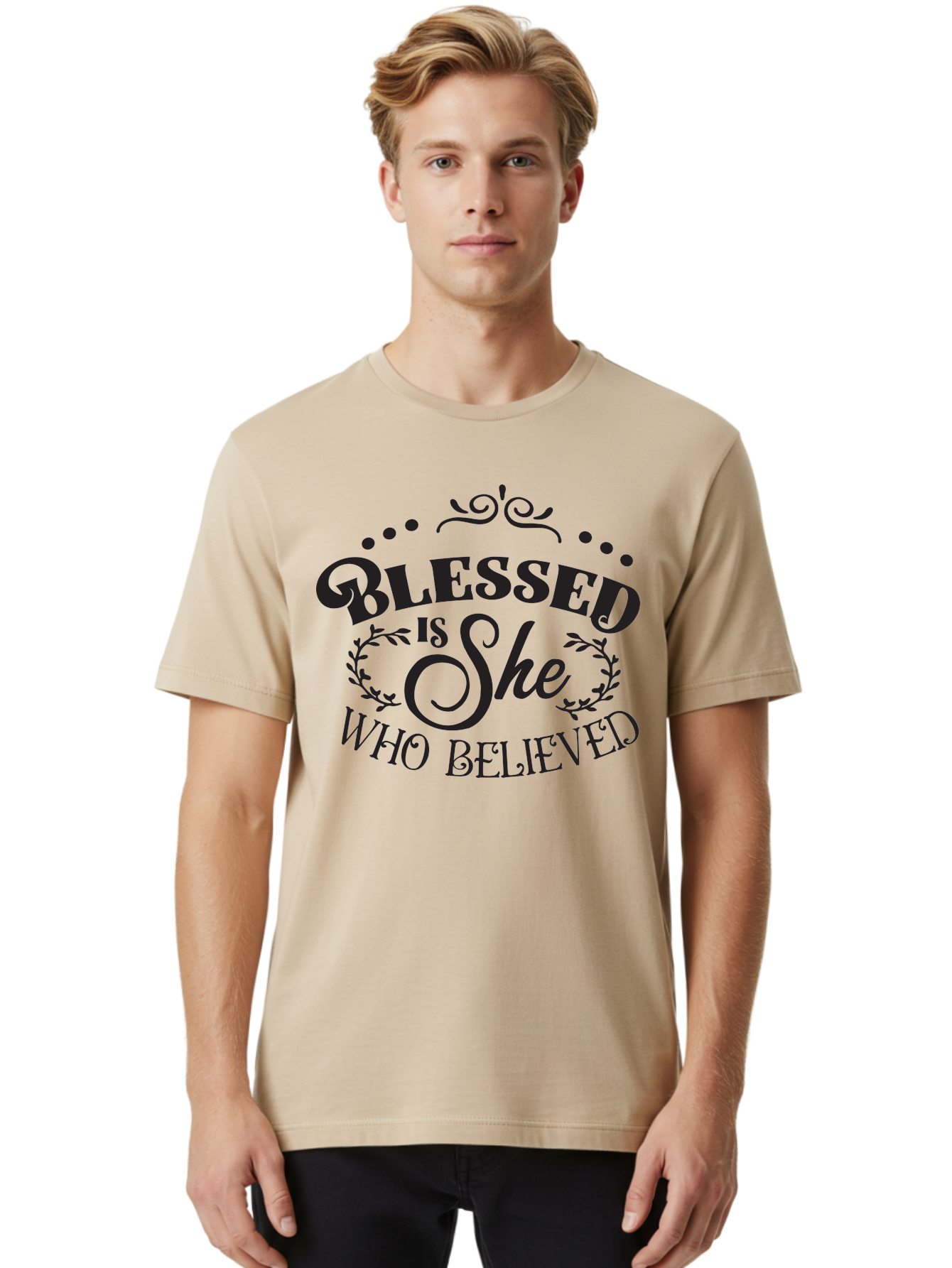 Blessed-Is-She-Who-Believed Men'S Graphic Tee, 100% Cotton, Comfortable Casual Summer Wear, Machine Washable, Inspirational Quote, Motivational Phrase, Blessed Is She Who Believed, Faith-Based Message, Positive Affirmation, Female Empowerment Aac527