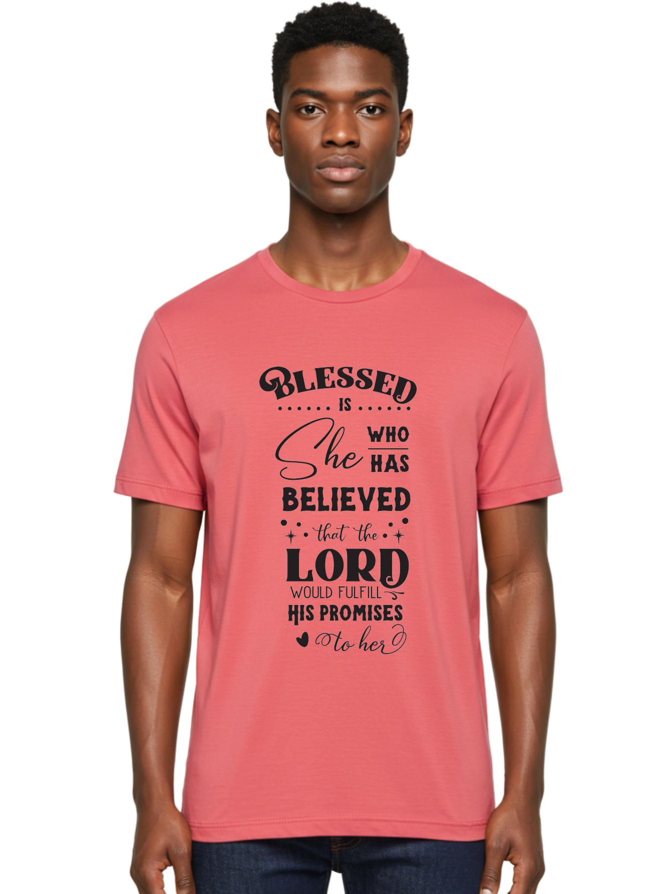 Blessed-Is-She Men'S Graphic Tee, 100% Cotton, Comfortable Casual Summer Wear, Machine Washable, Inspirational Quote, Motivational Saying, Faith-Based Message, Encouraging Words, Spiritual Guidance, Empowerment For Women, Christian Values, Aac528