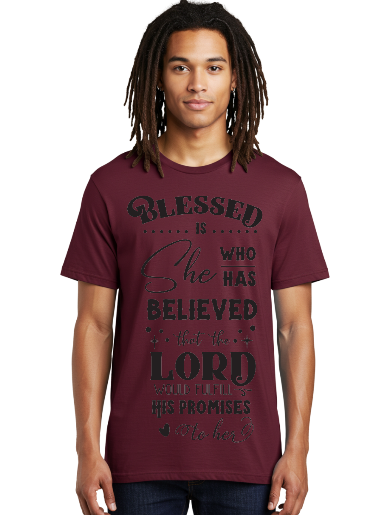 Blessed-Is-She Men'S Graphic Tee, 100% Cotton, Comfortable Casual Summer Wear, Machine Washable, Inspirational Quote, Motivational Saying, Faith-Based Message, Encouraging Words, Spiritual Guidance, Empowerment For Women, Christian Values, Aac528